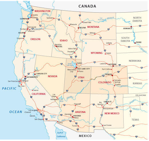 Western US map with Washington state