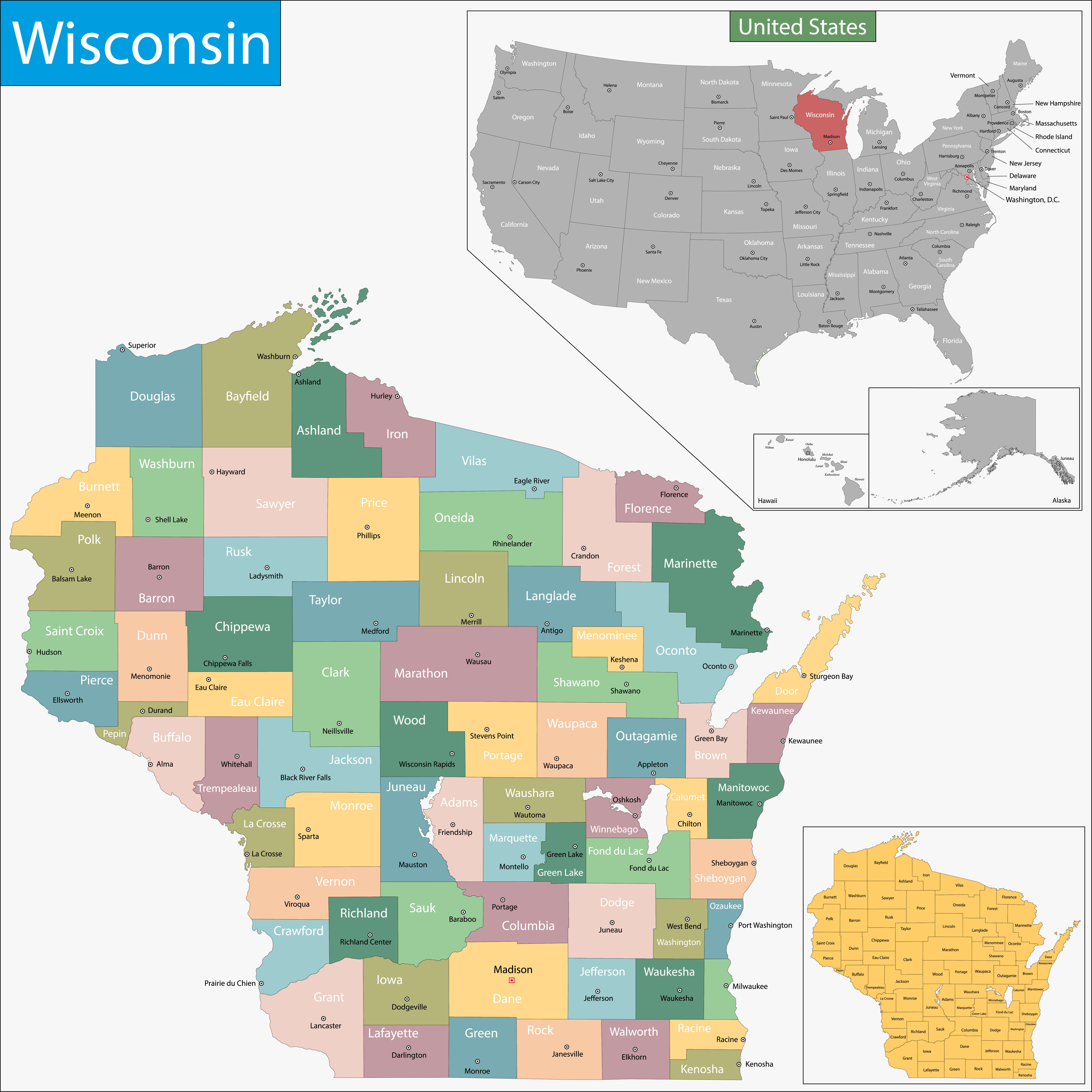 Cities and counties map of Wisconsin US