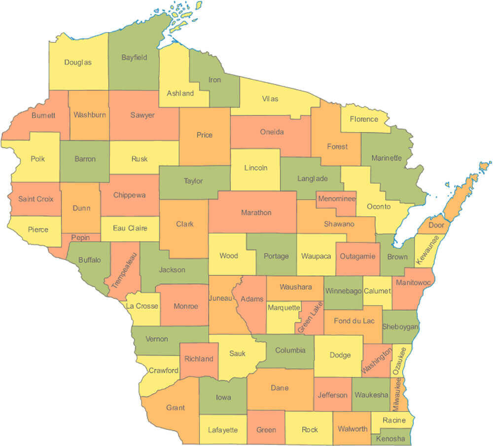 Cities map of Wisconsin with counties