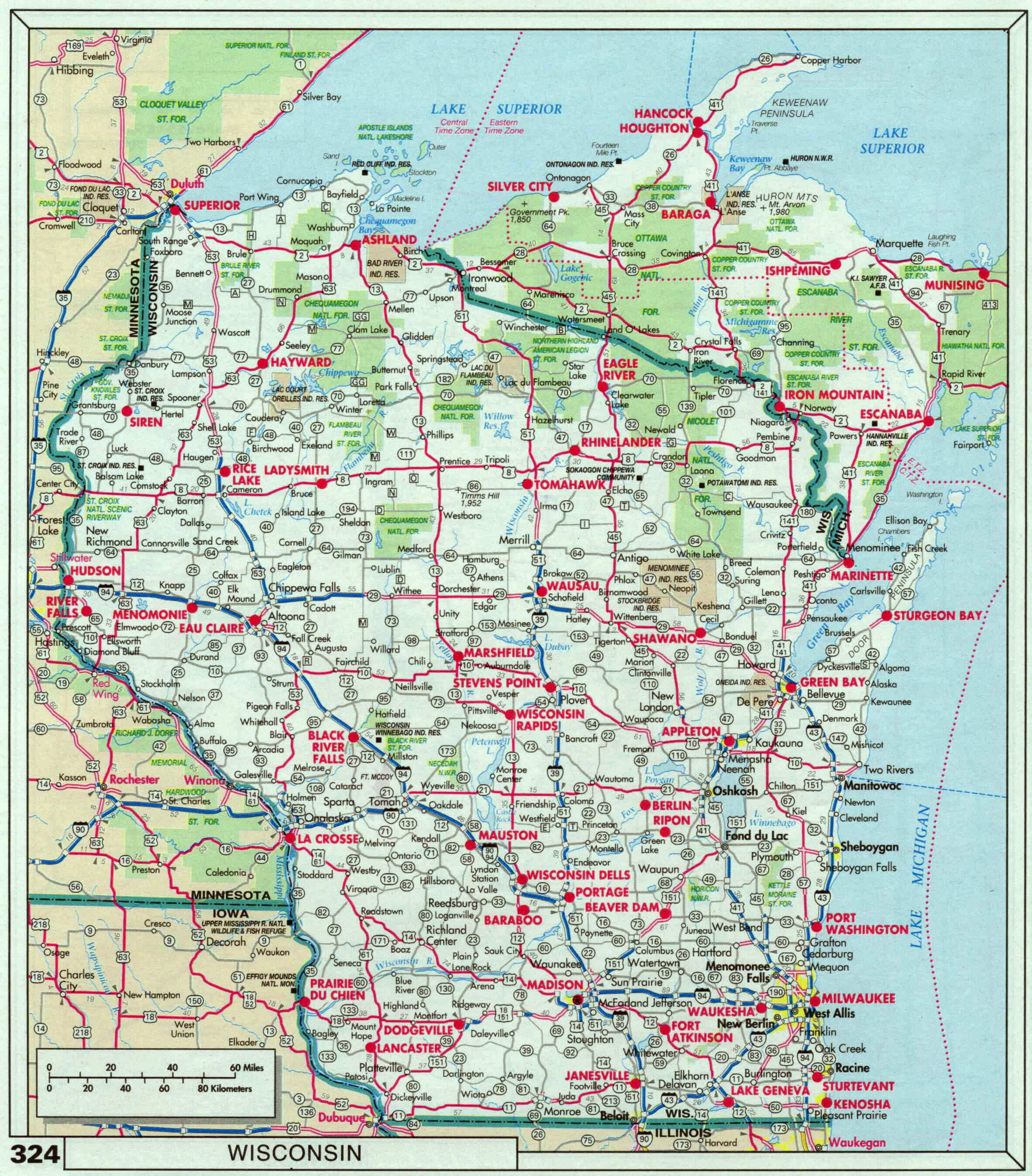 Large roads and highways map of Wisconsin with cities