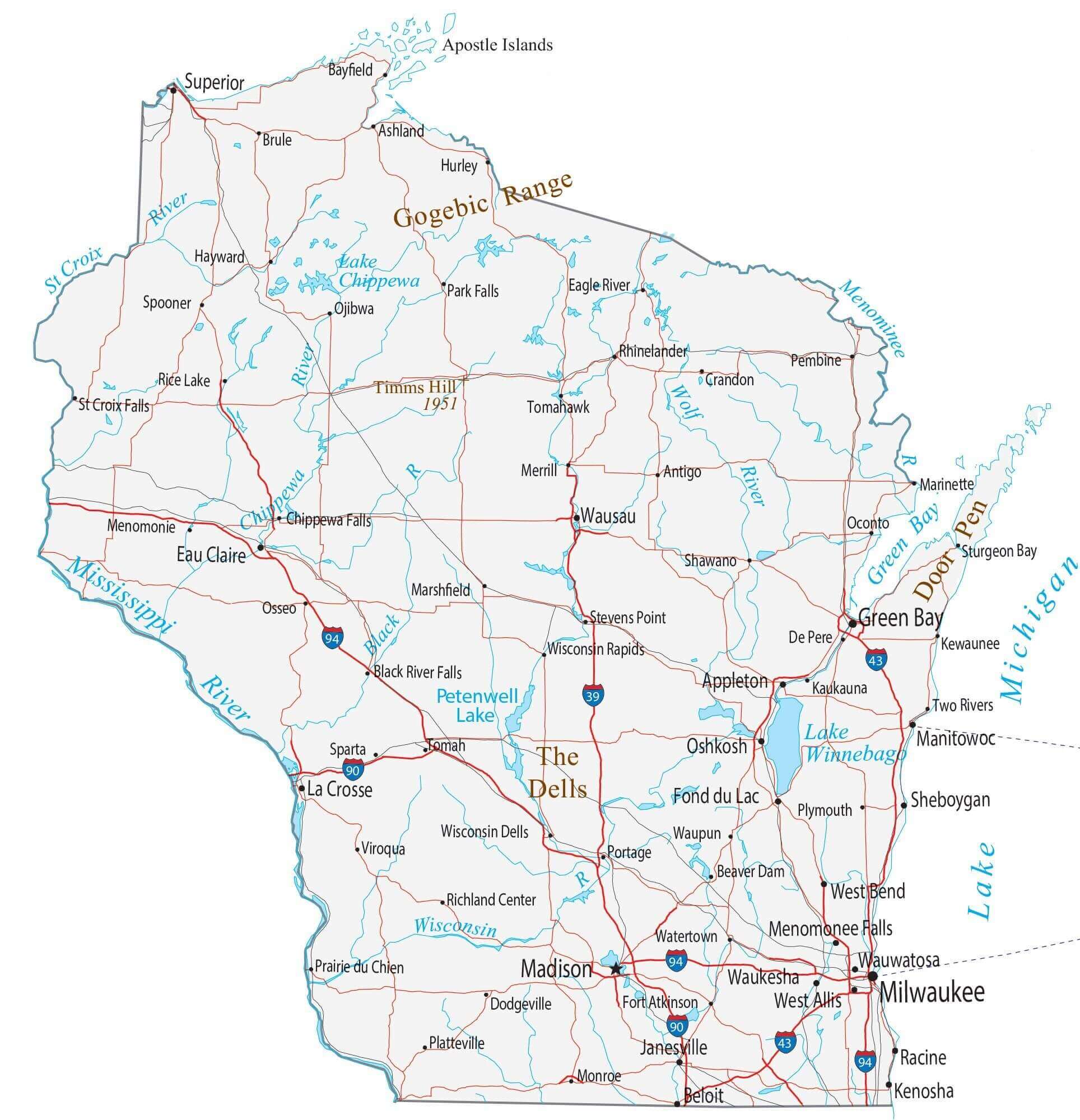 Map of Wisconsin cities and roads