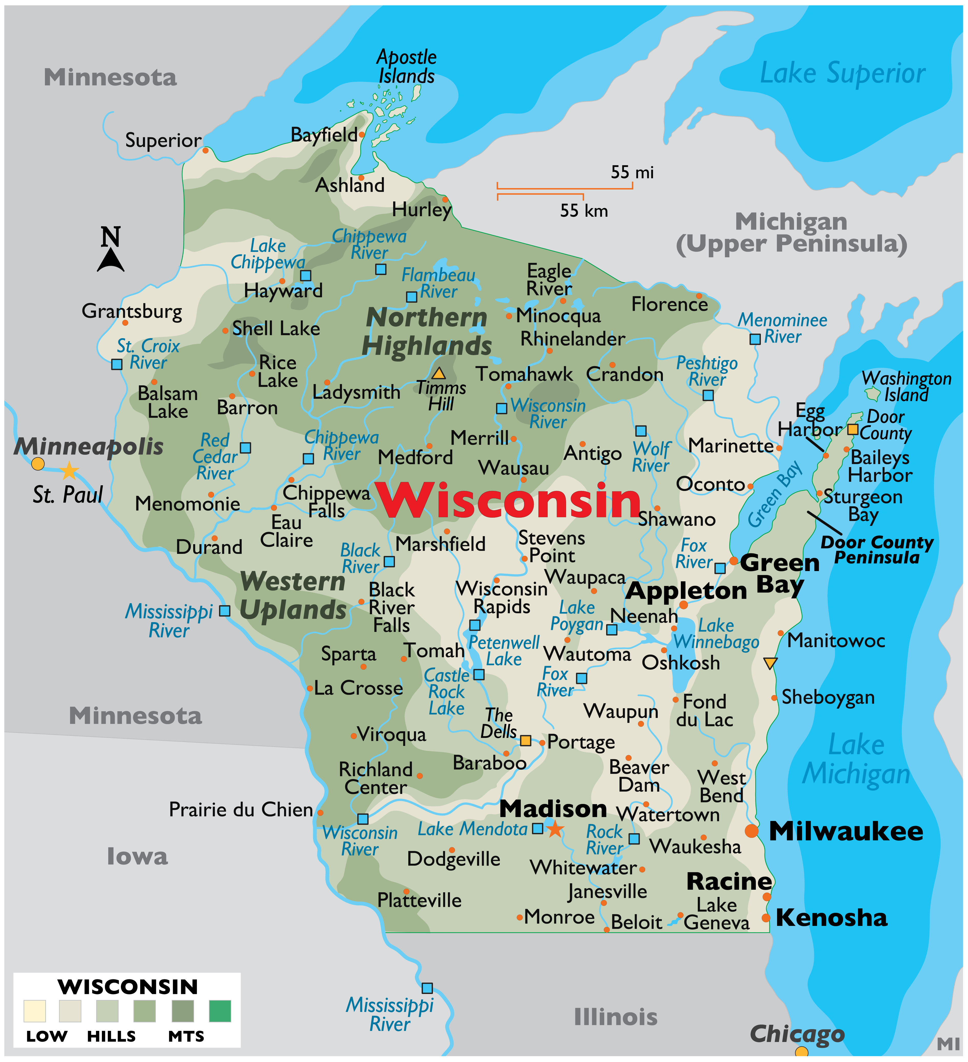 Physical map of Wisconsin with cities