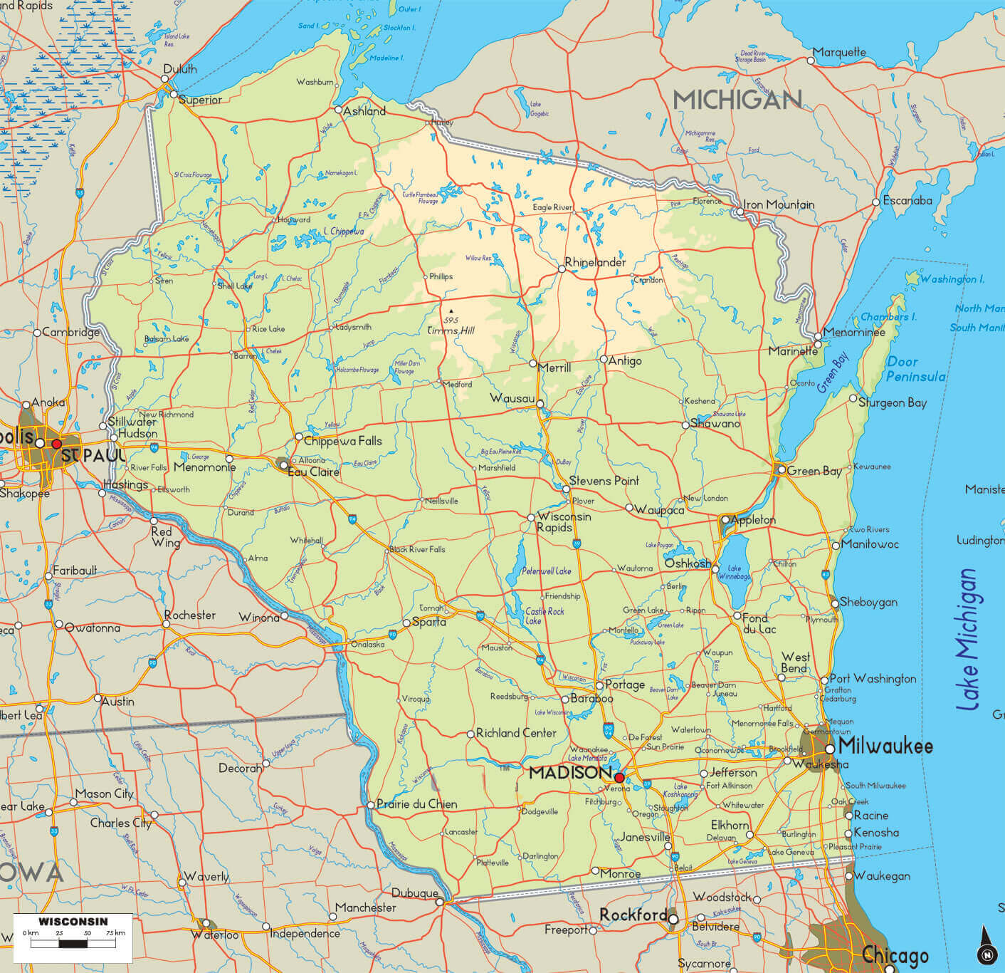 Physical map of Wisconsin