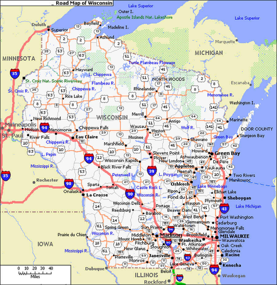 Road map of Wisconsin with cities