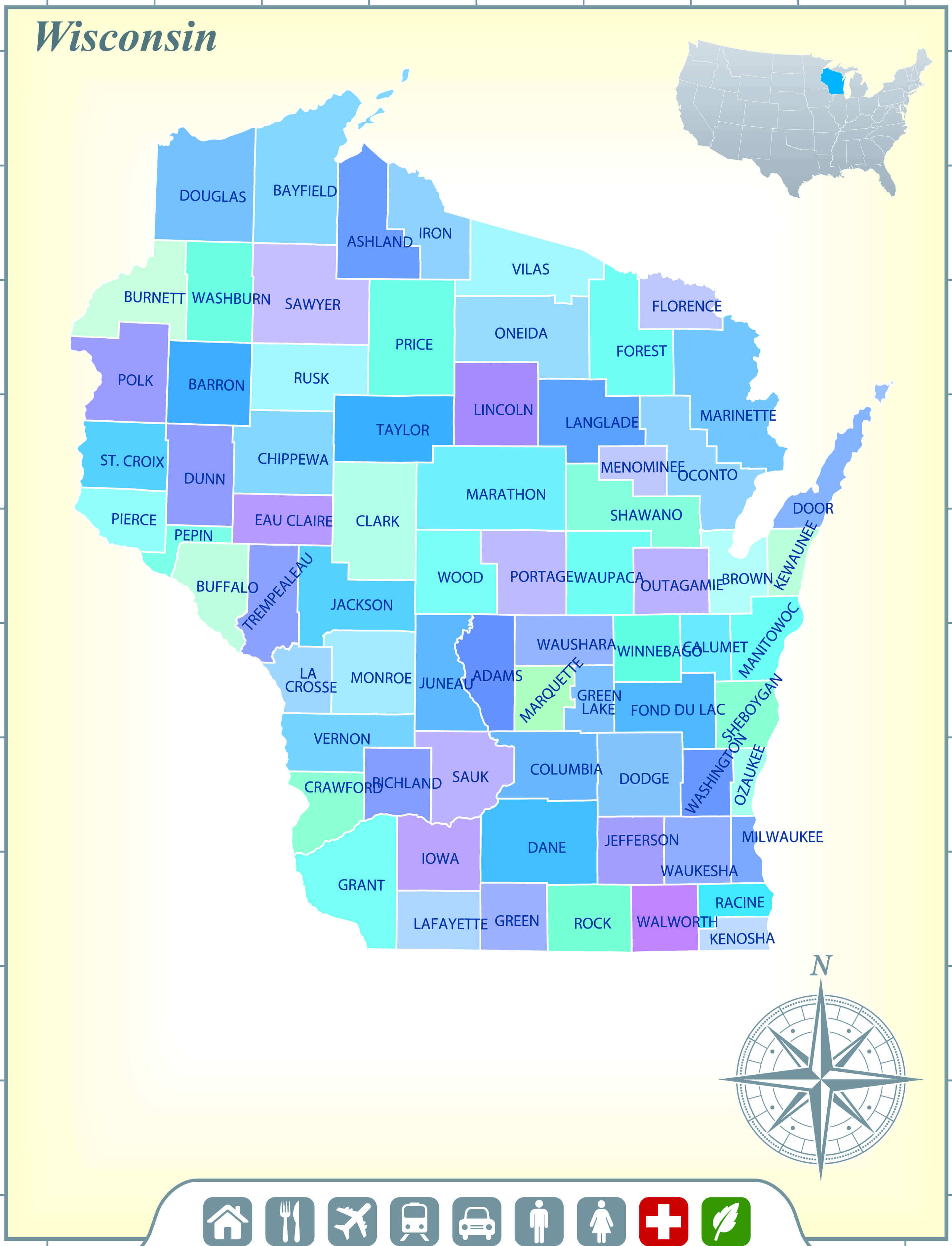 Wisconsin cities and counties map