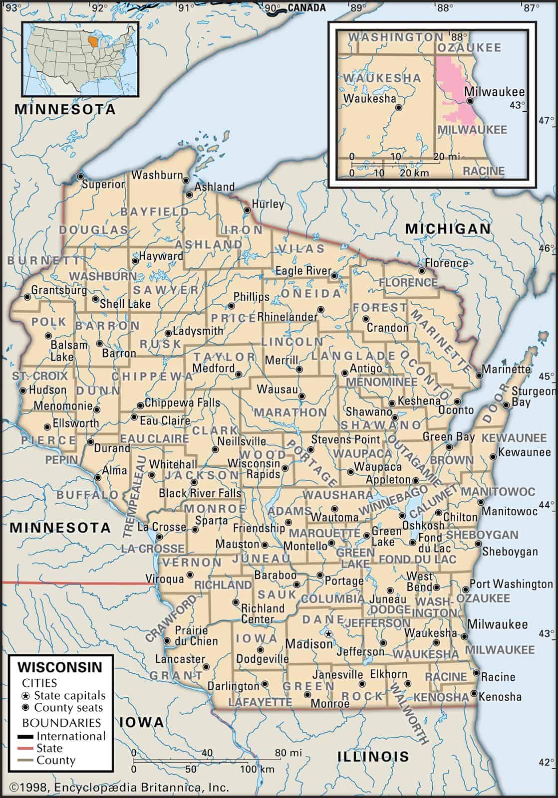 Wisconsin cities map with rivers