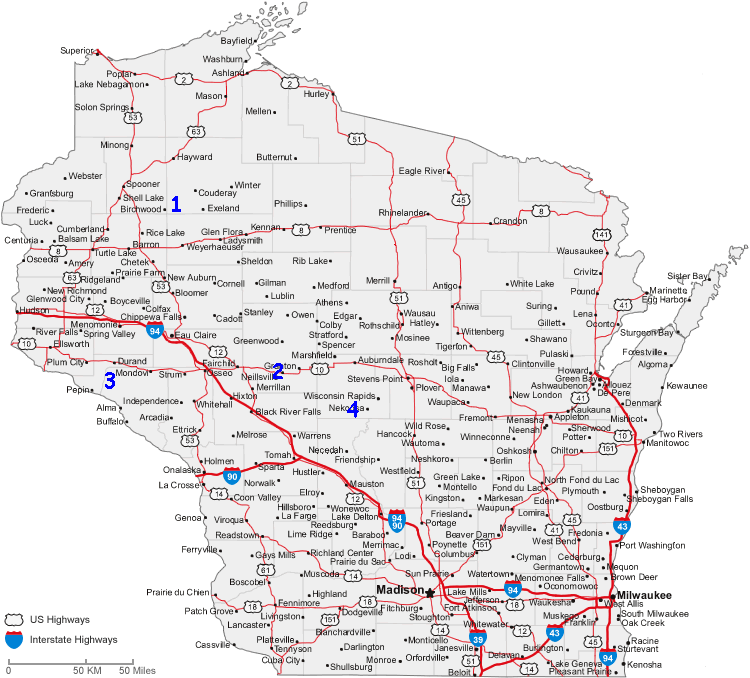 Wisconsin cities map with roads