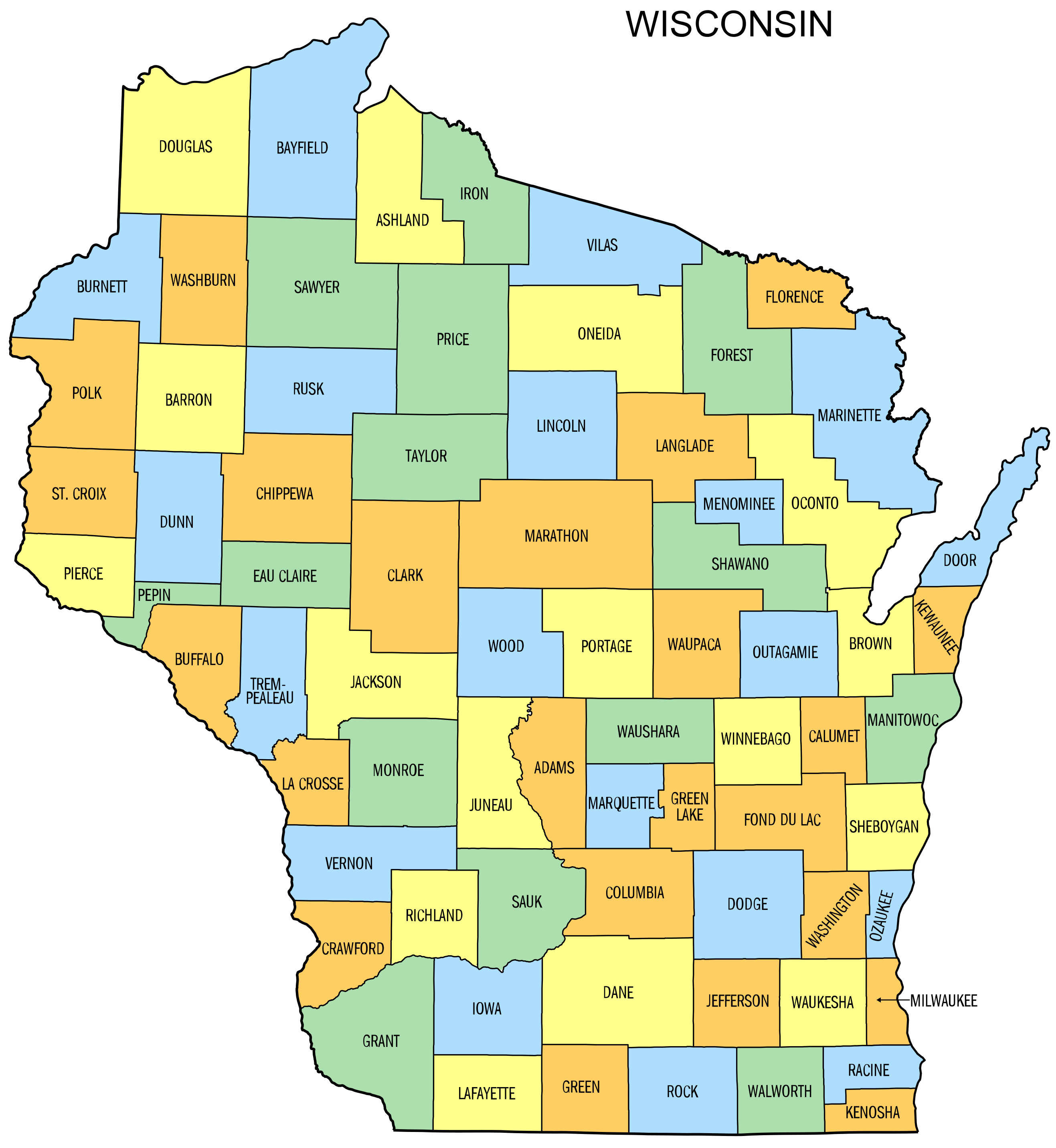 Wisconsin county map with largest cities
