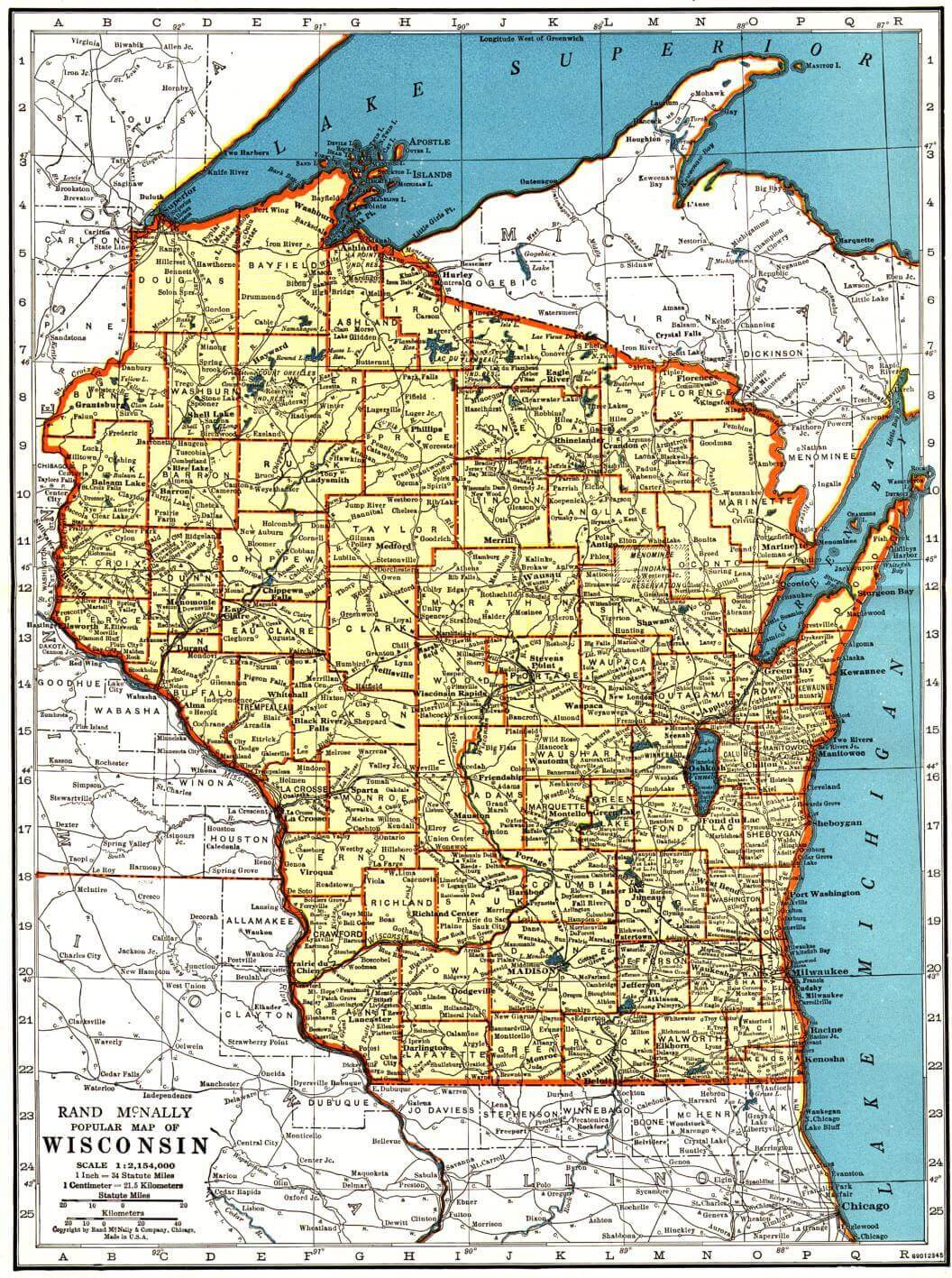 Wisconsin historical map with cities