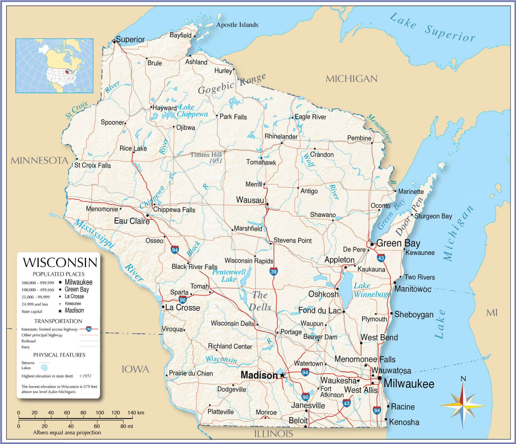 Wisconsin main cities map