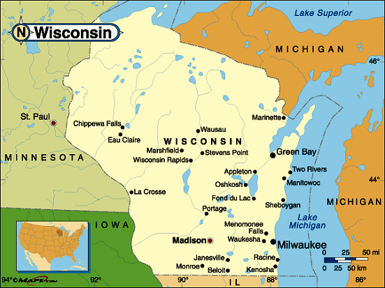 Wisconsin major cities map with US