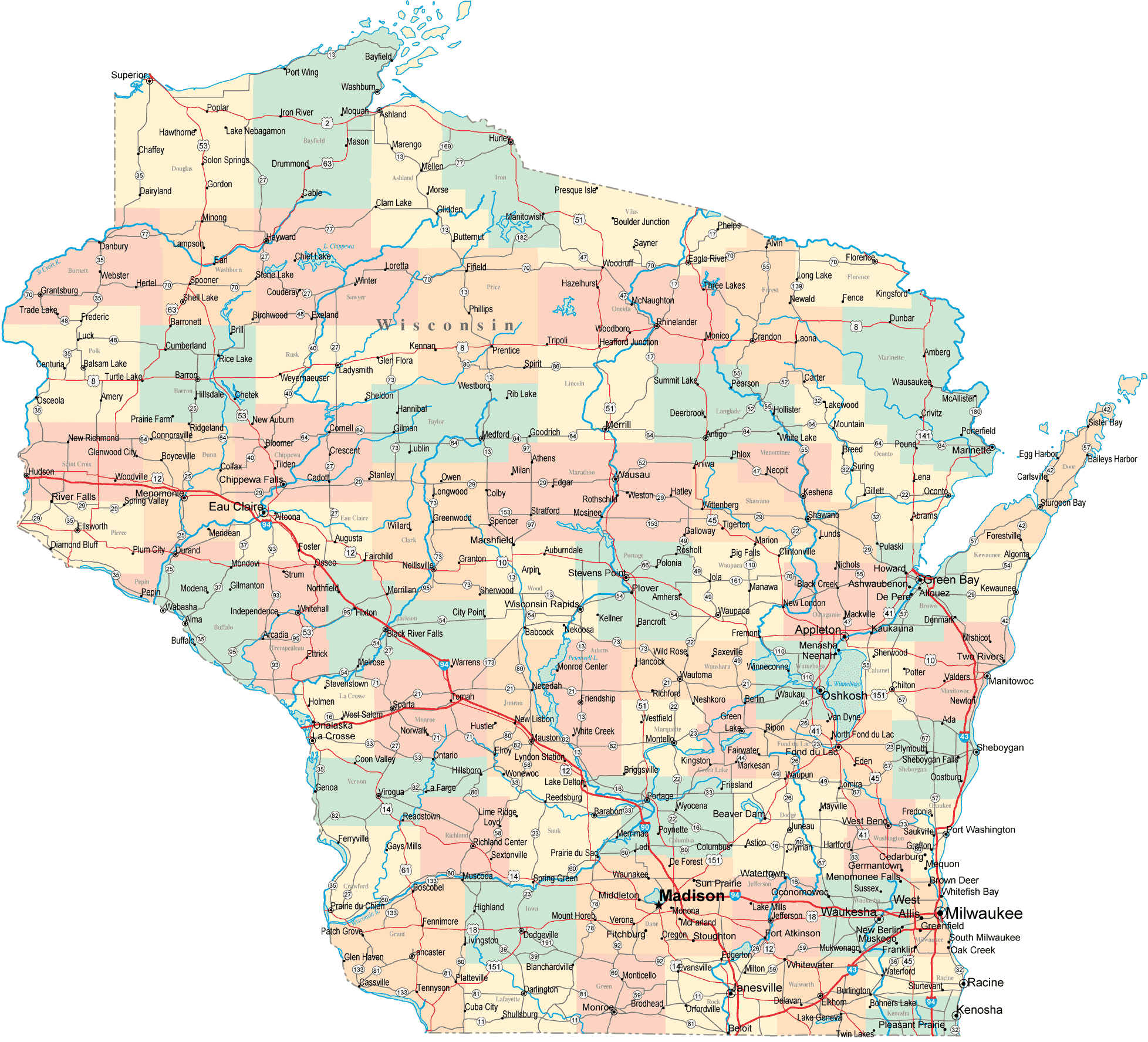 Wisconsin map with cities and counties