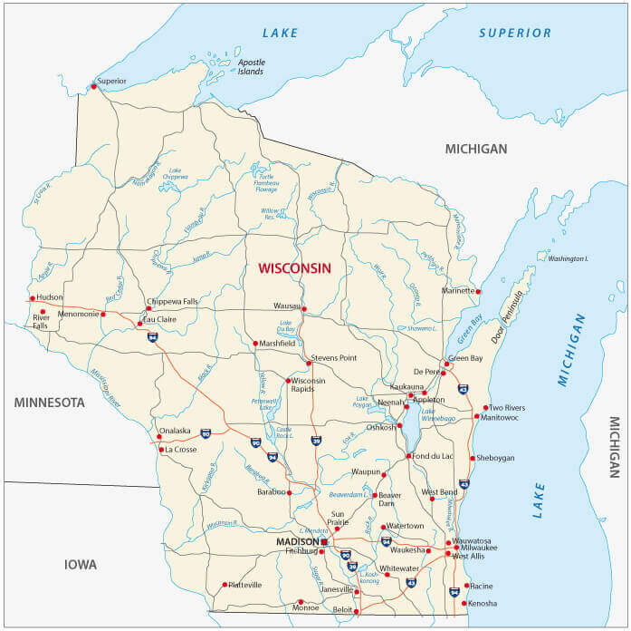 Wisconsin rivers and cities map
