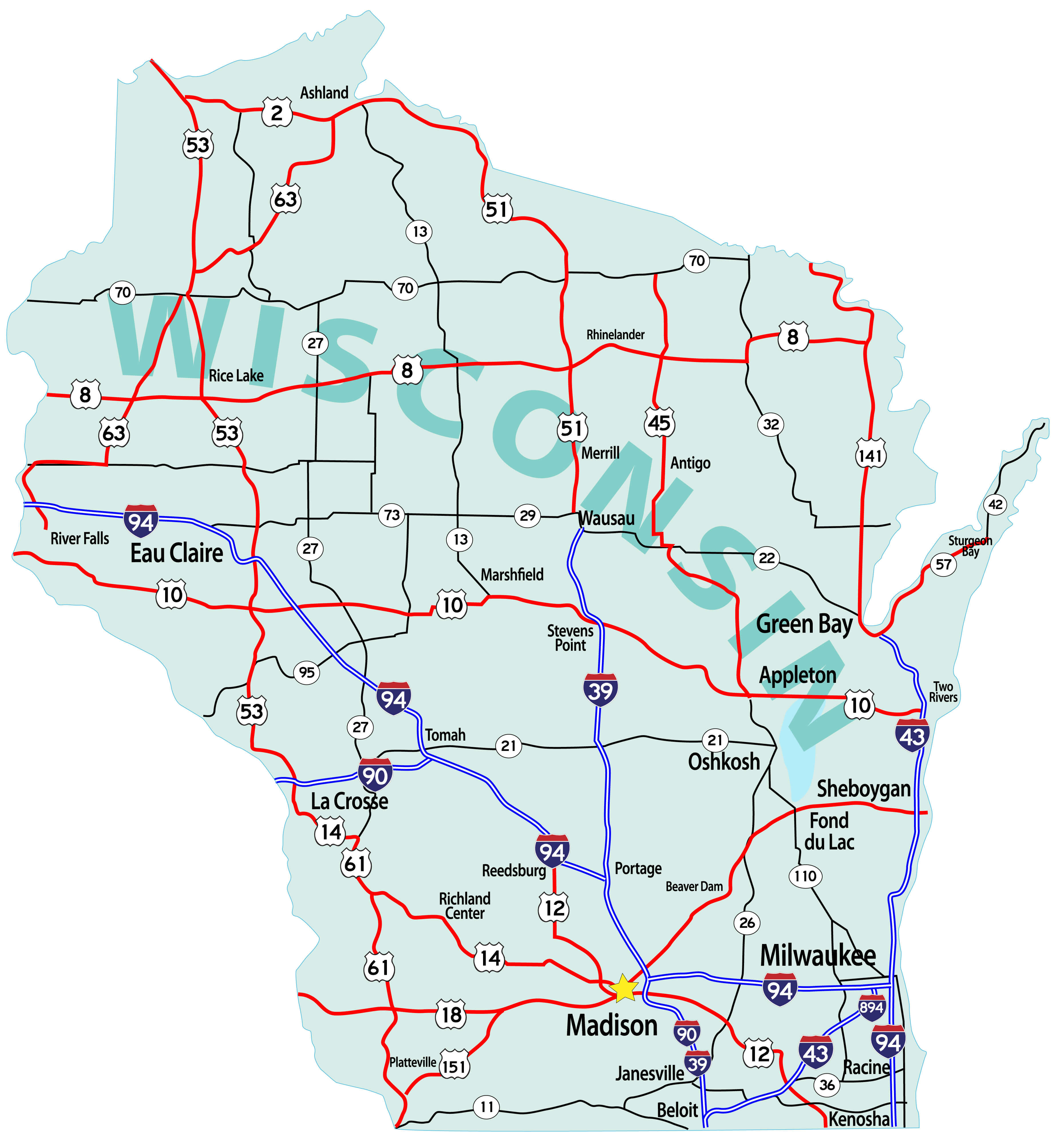 Wisconsin state road map with cities