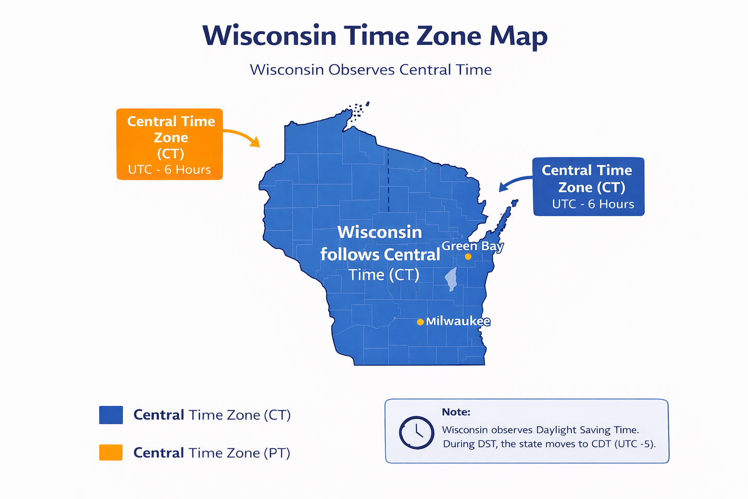 Wisconsin time zone map infographic