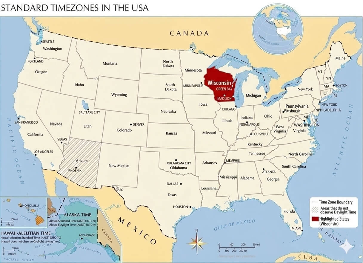 Wisconsin time zone map