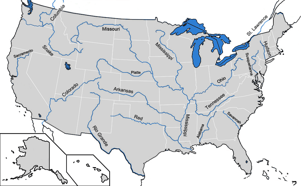 Blank map of major rivers in US