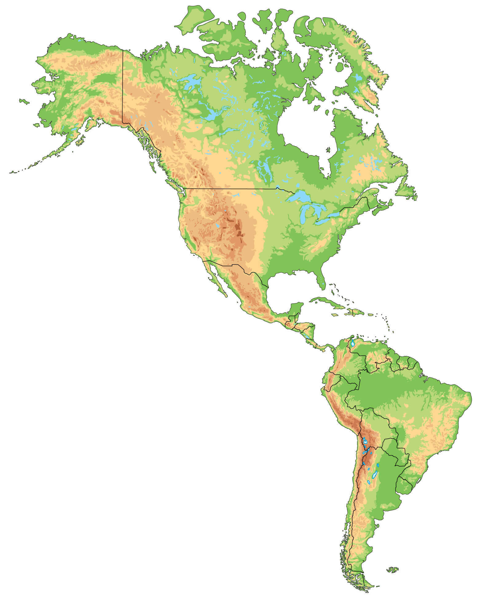 the US and americas blank physical map