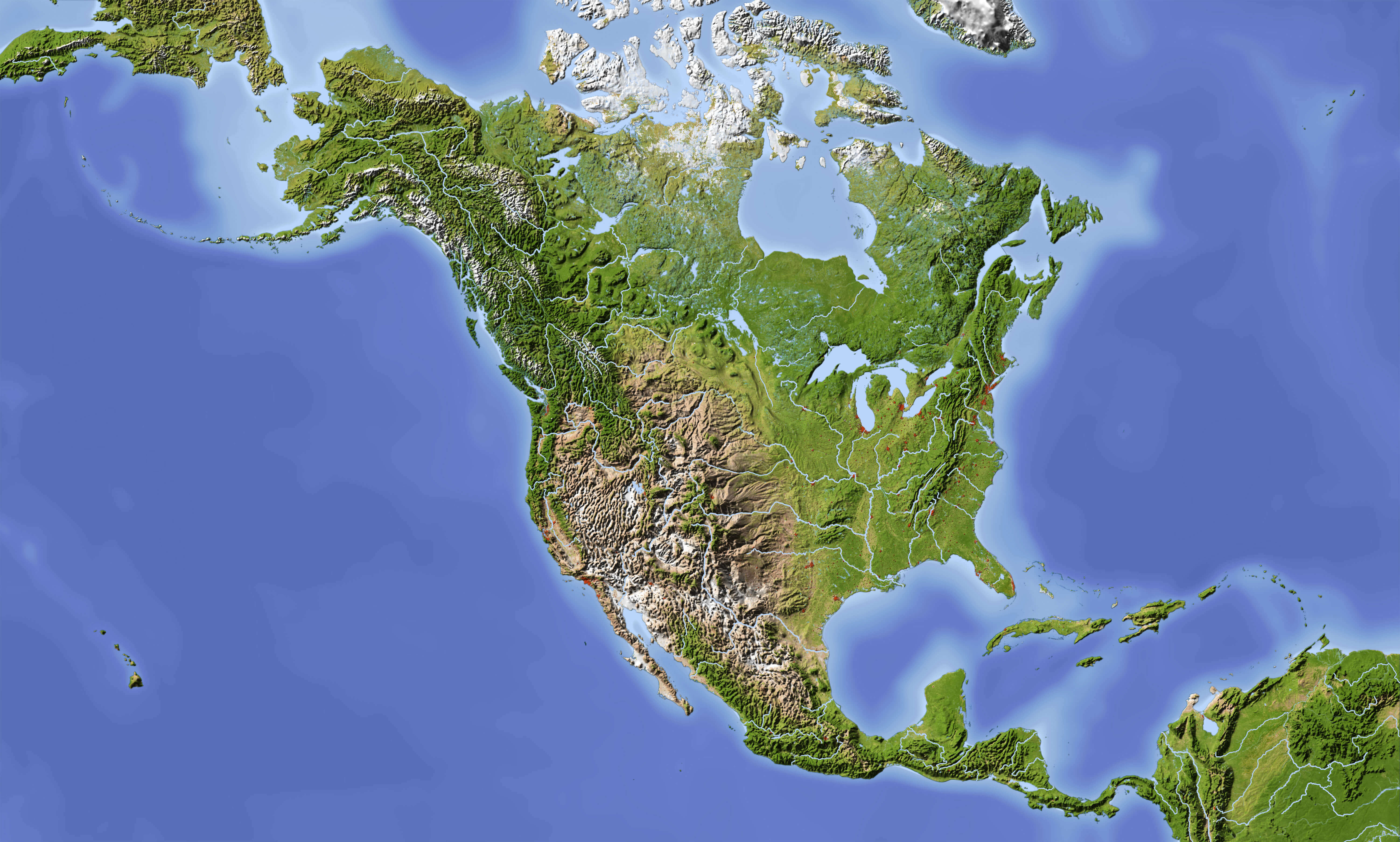 US and North America physical blank map
