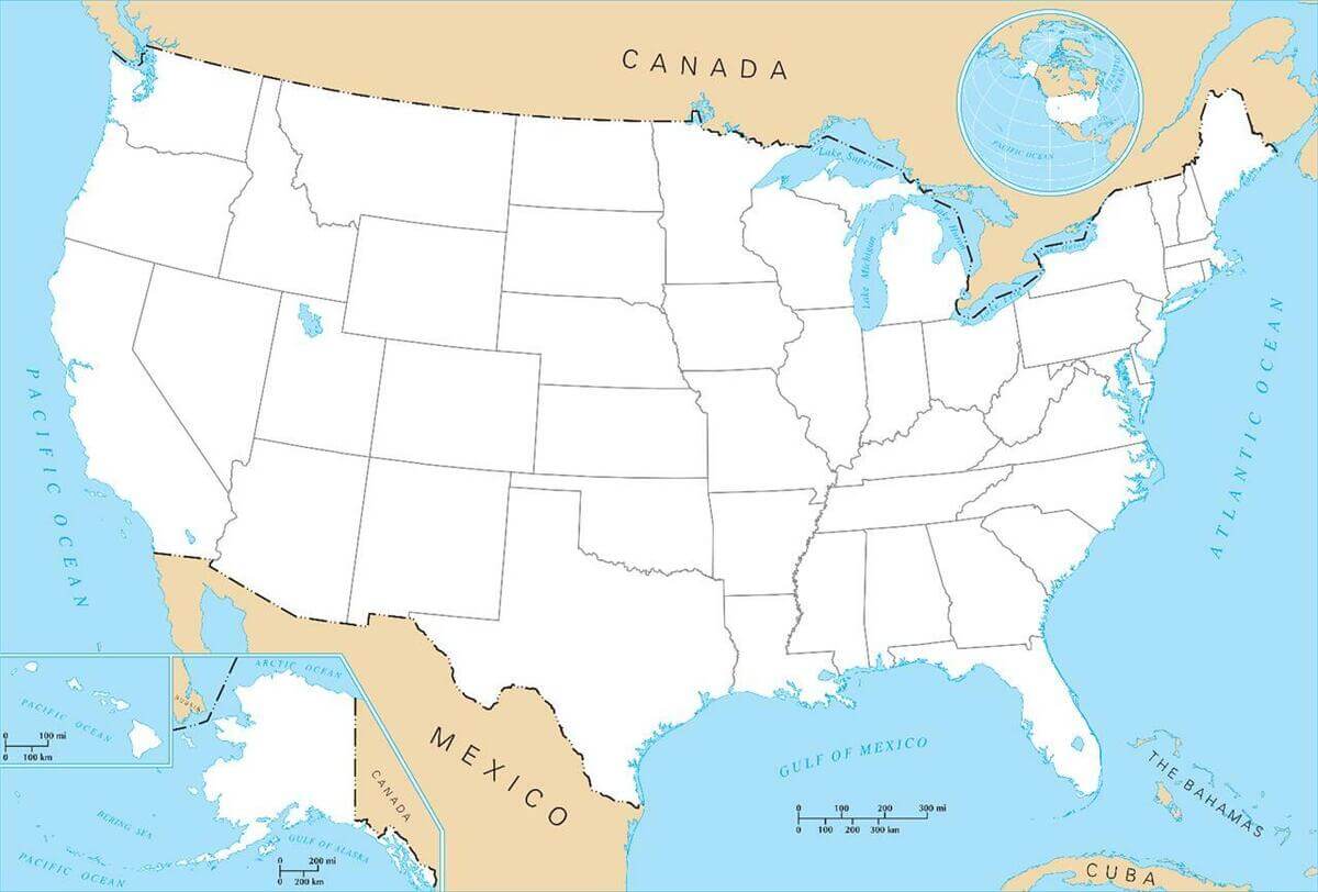 Blank Map of US States with Canada and Mexico Borders