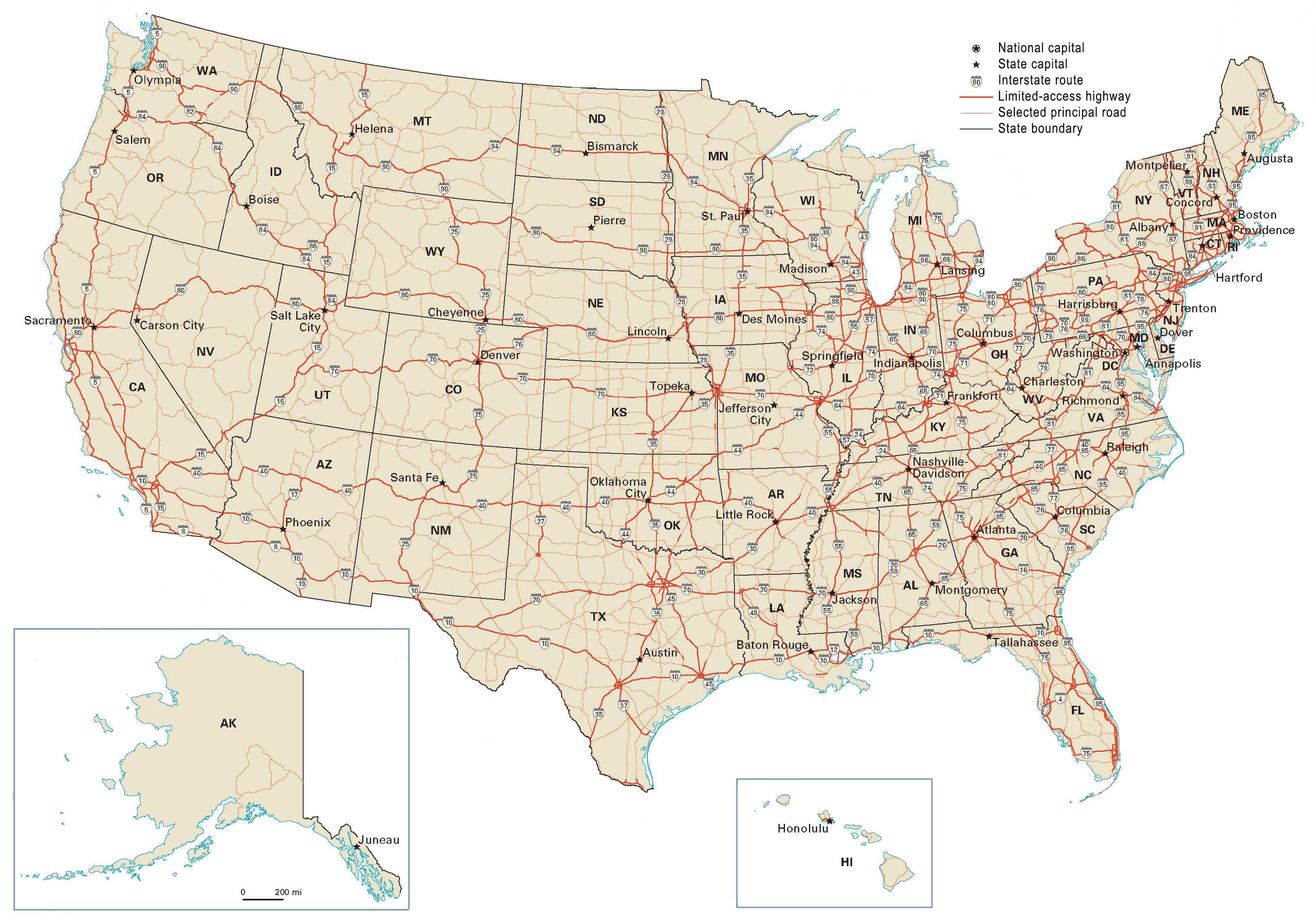 US States Capitals Map 25 High resolution US road map