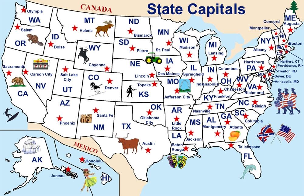 US States Capitals Map 28 Printable US capitals map