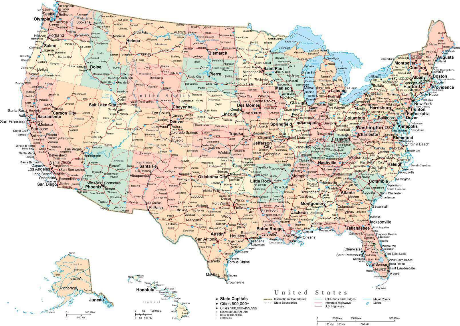 US States Capitals Map 33 US cities and state capitals map