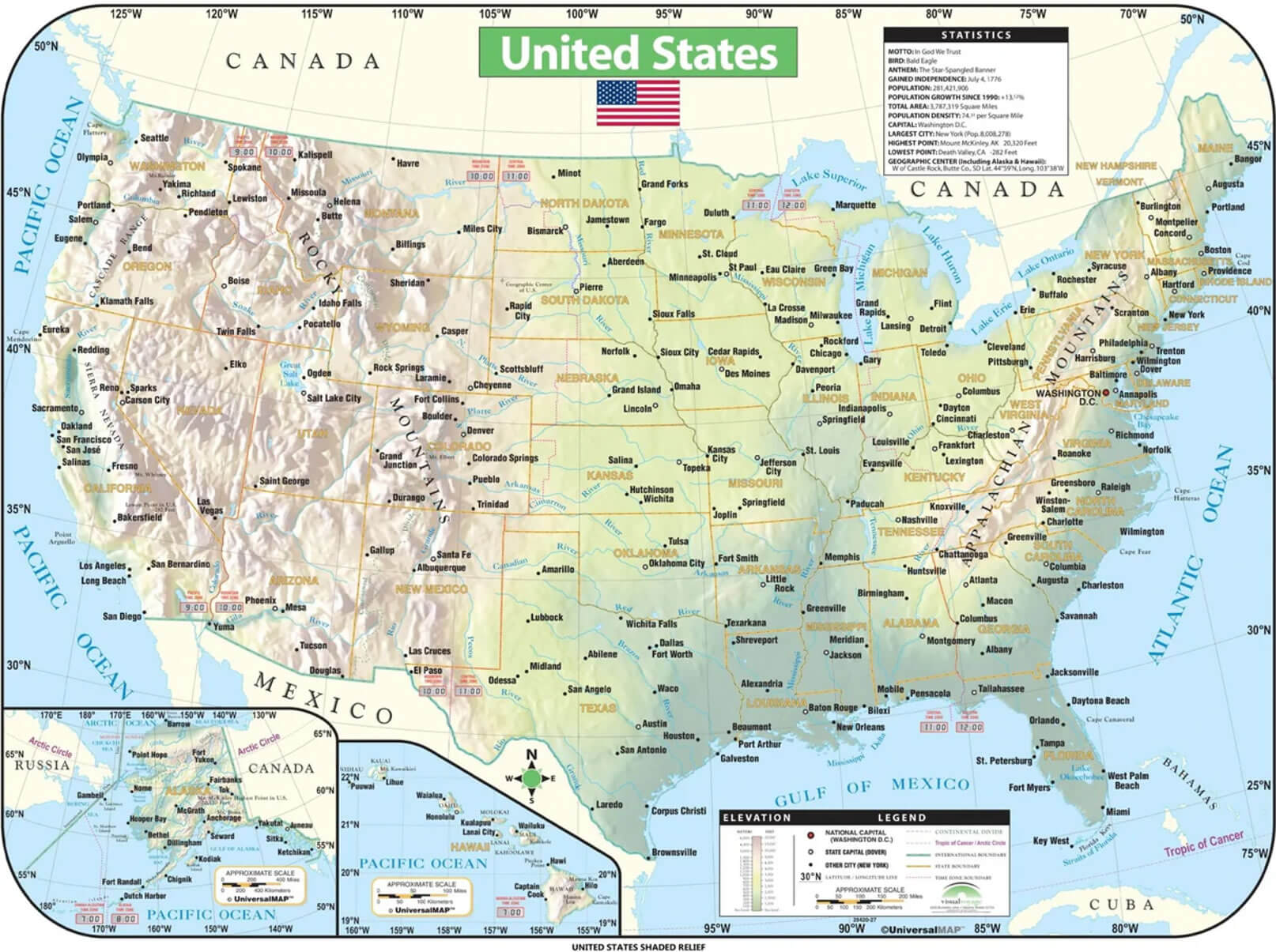 US States Capitals Map 36 US shaded relief map with states capitals