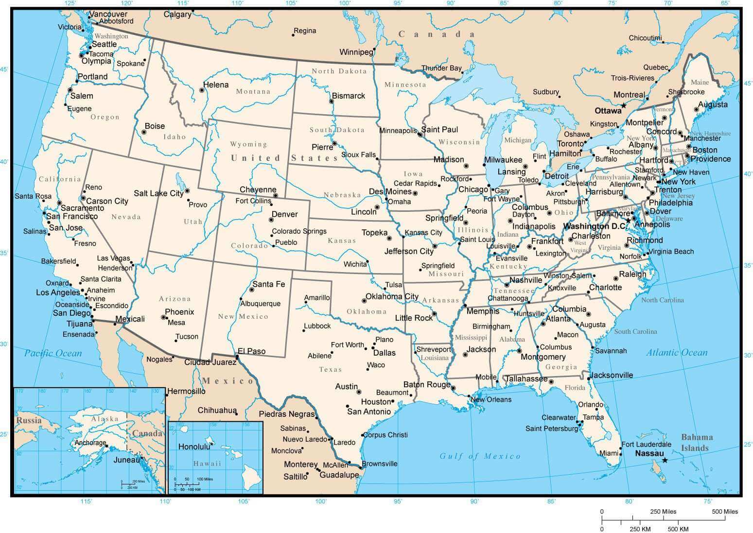 US States Capitals Map 38 US states cities and capitals map with rivers