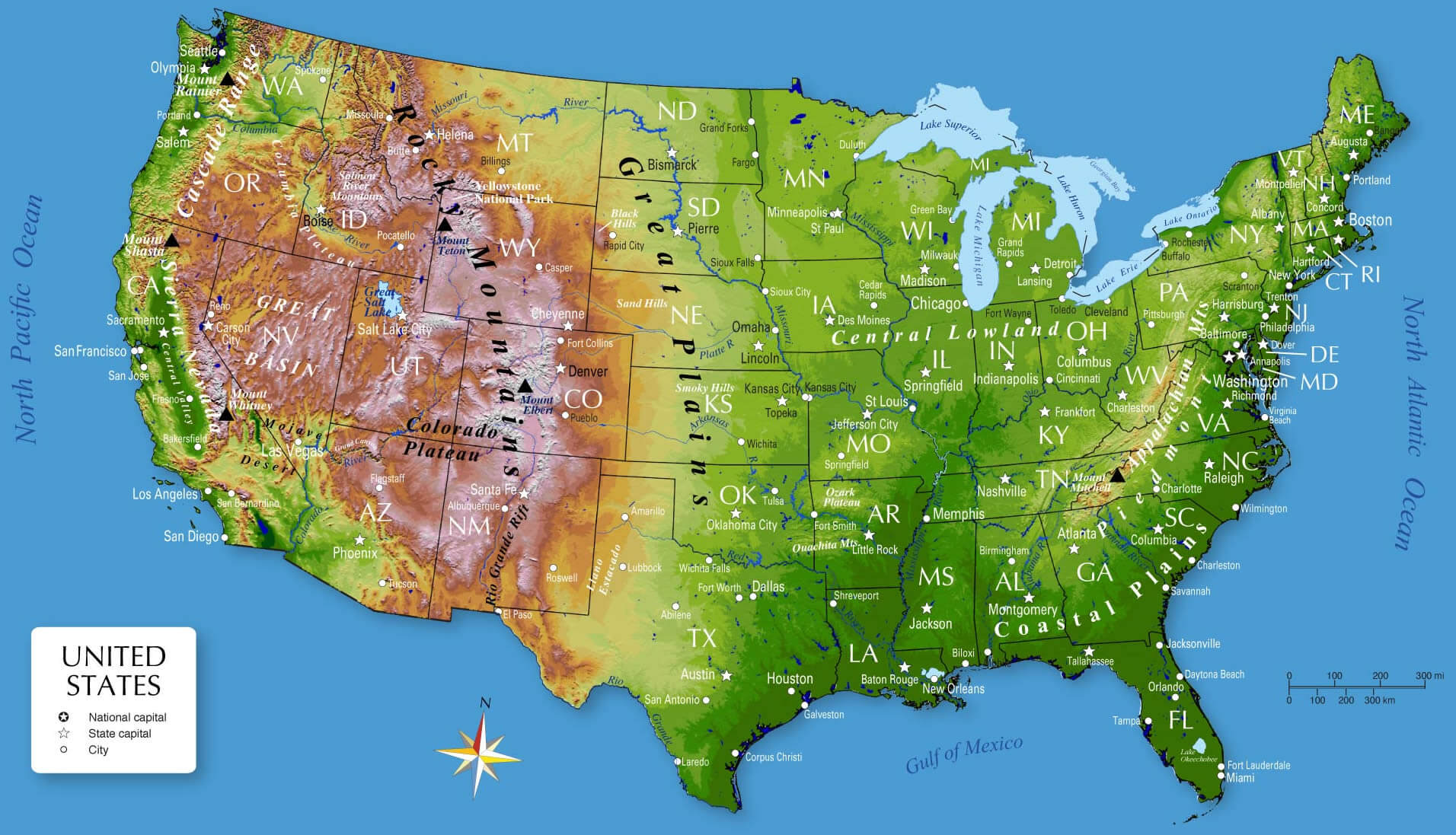 US States Capitals Map 40 US topo map with states capitals