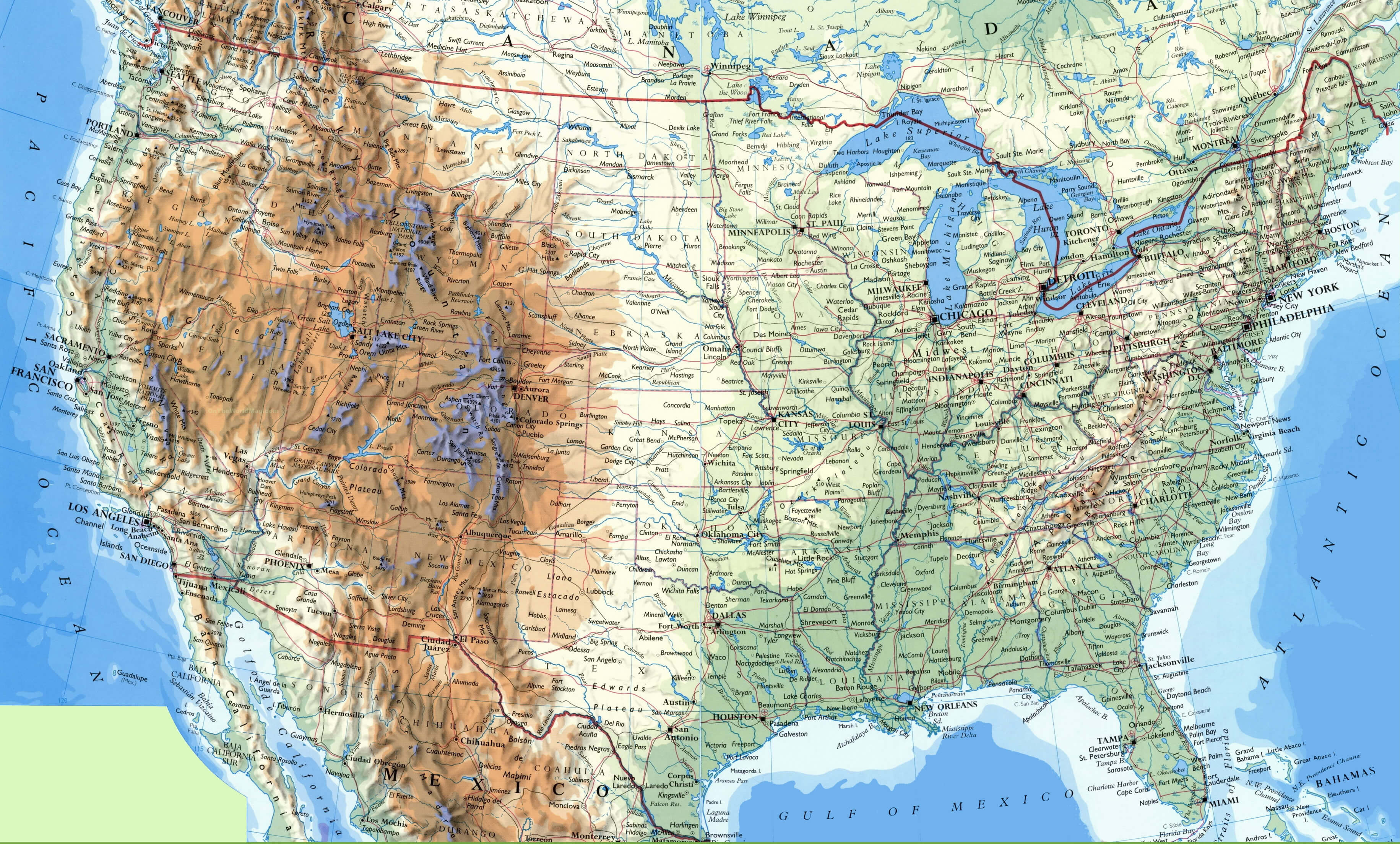 Large detailed physical map of US cities