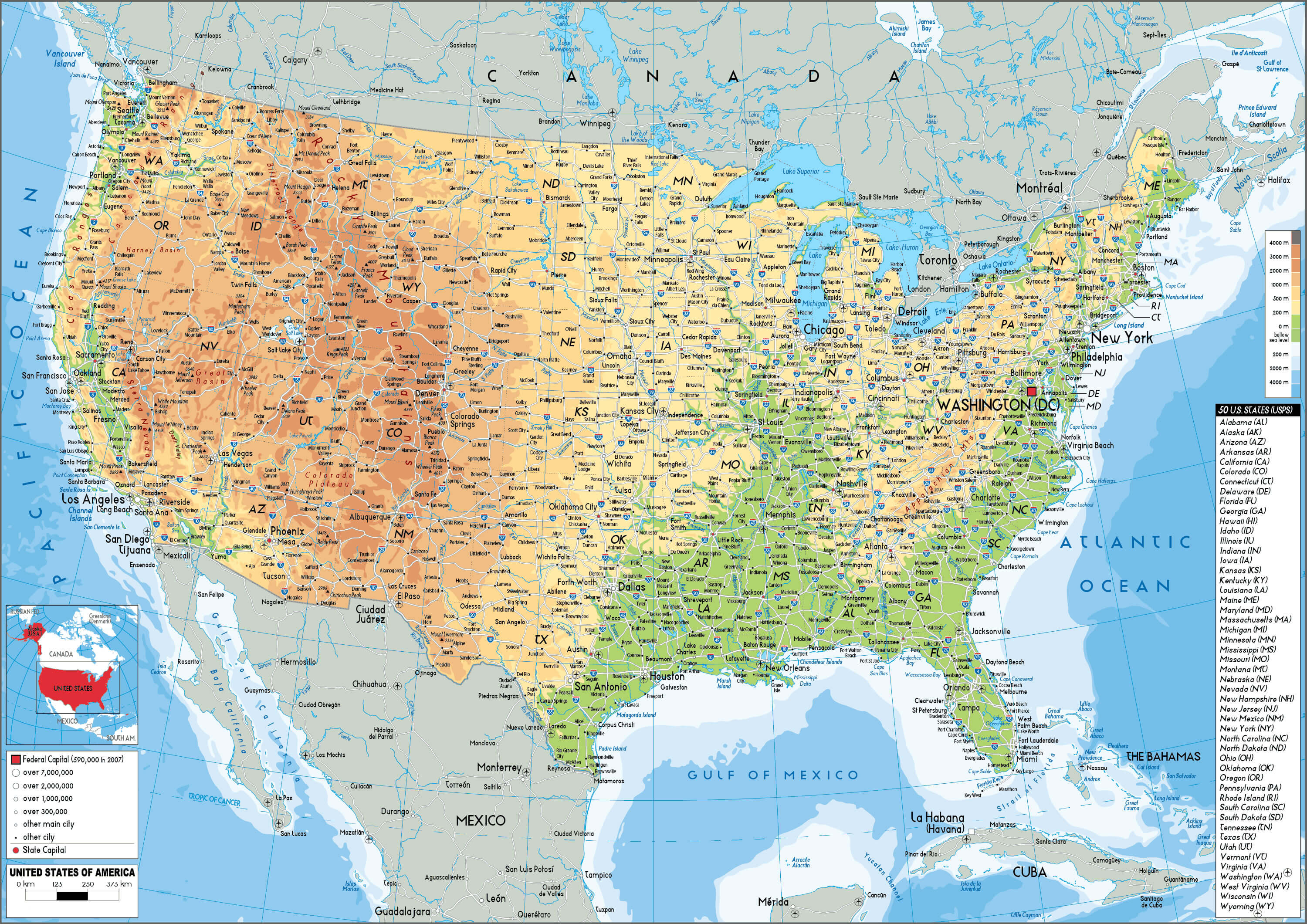 The US physical map by cities