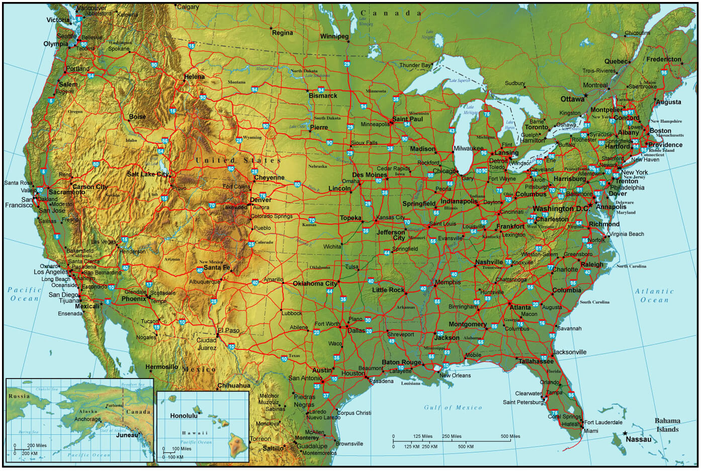 Topographical map of US with highways and major cities