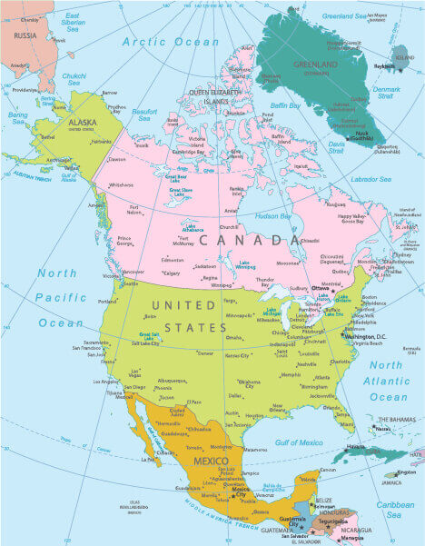 US cities map with North America