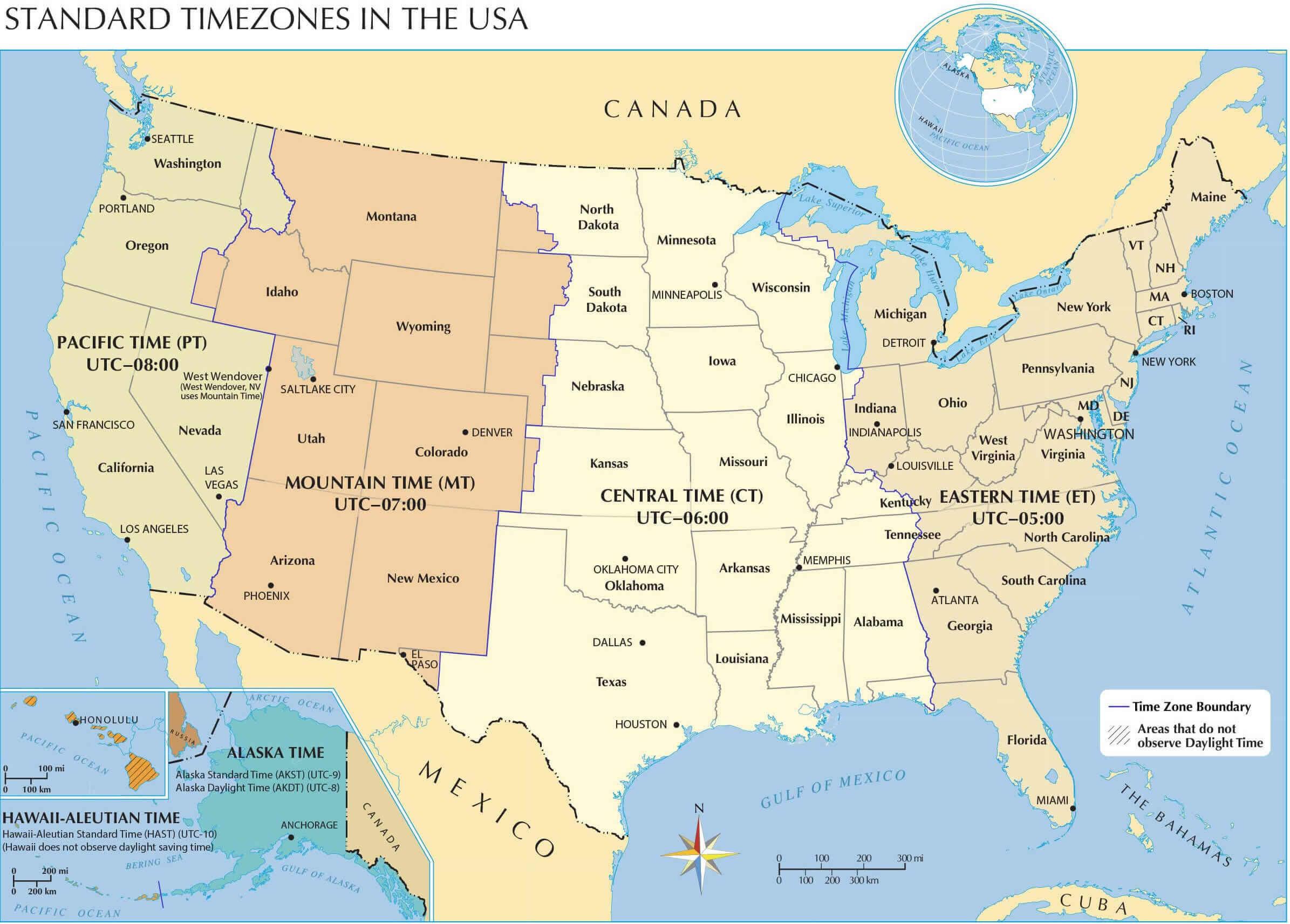 US cities time zone map