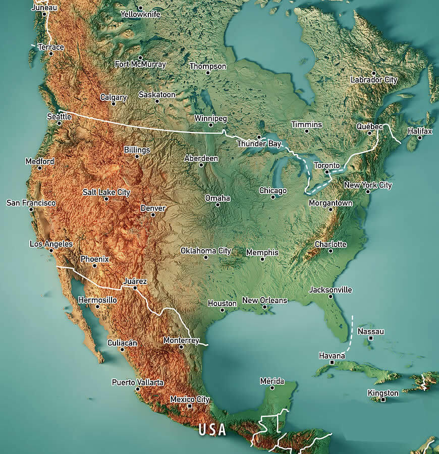 US major cities topography map