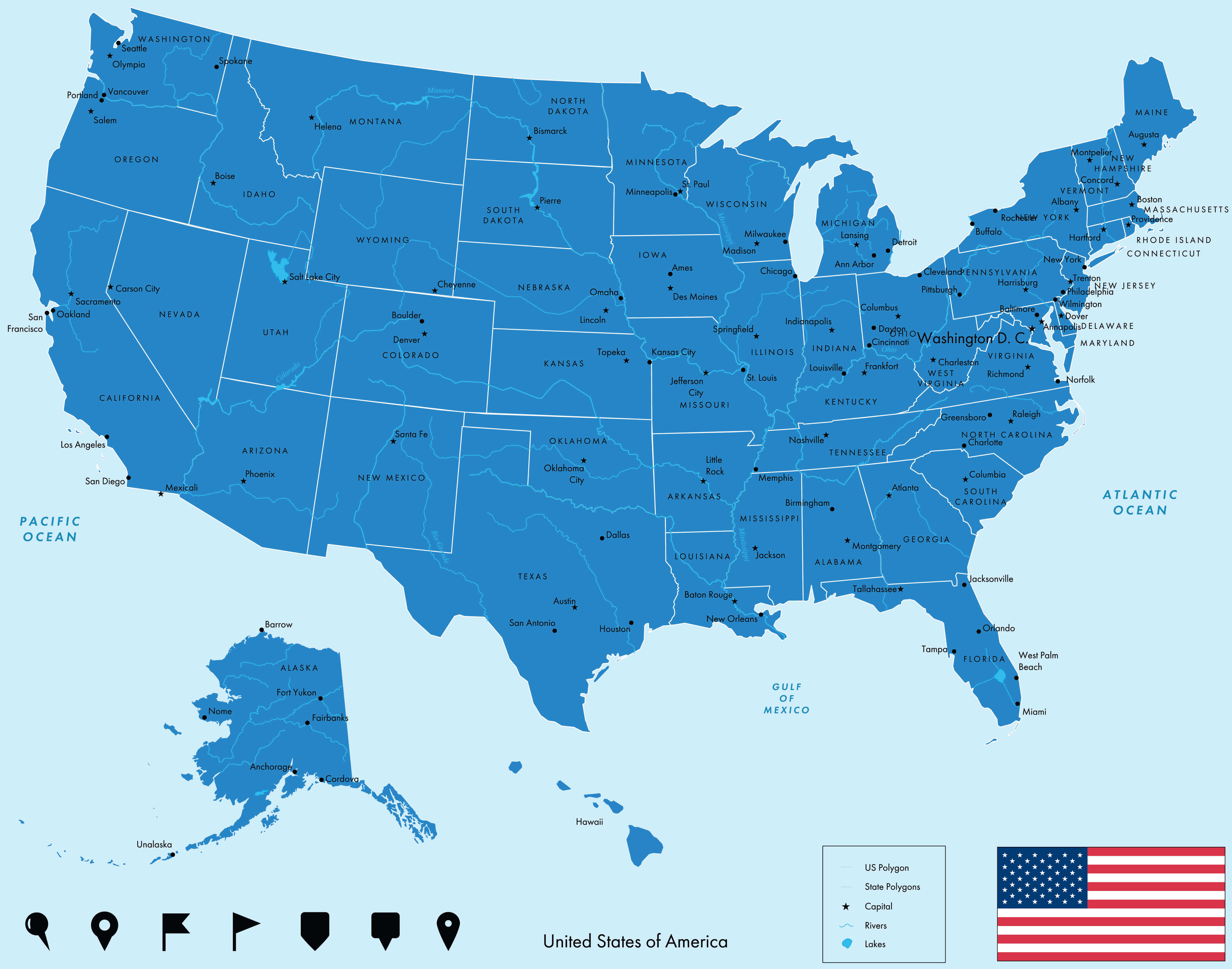 US states and cities map with Alaska Hawaii