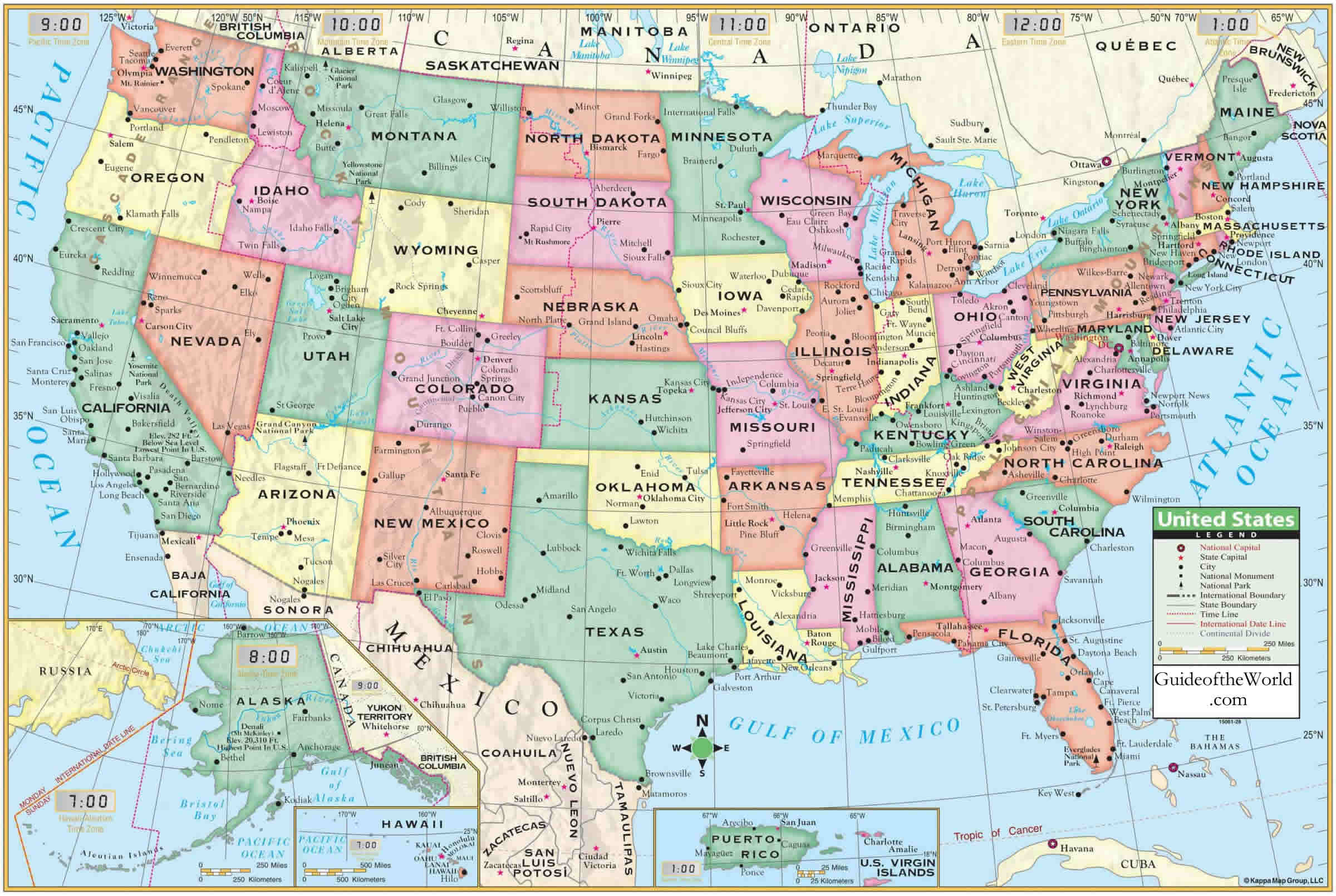 US states map with cities and rivers