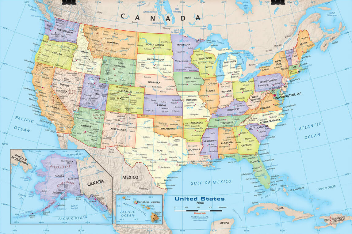 US states map with cities