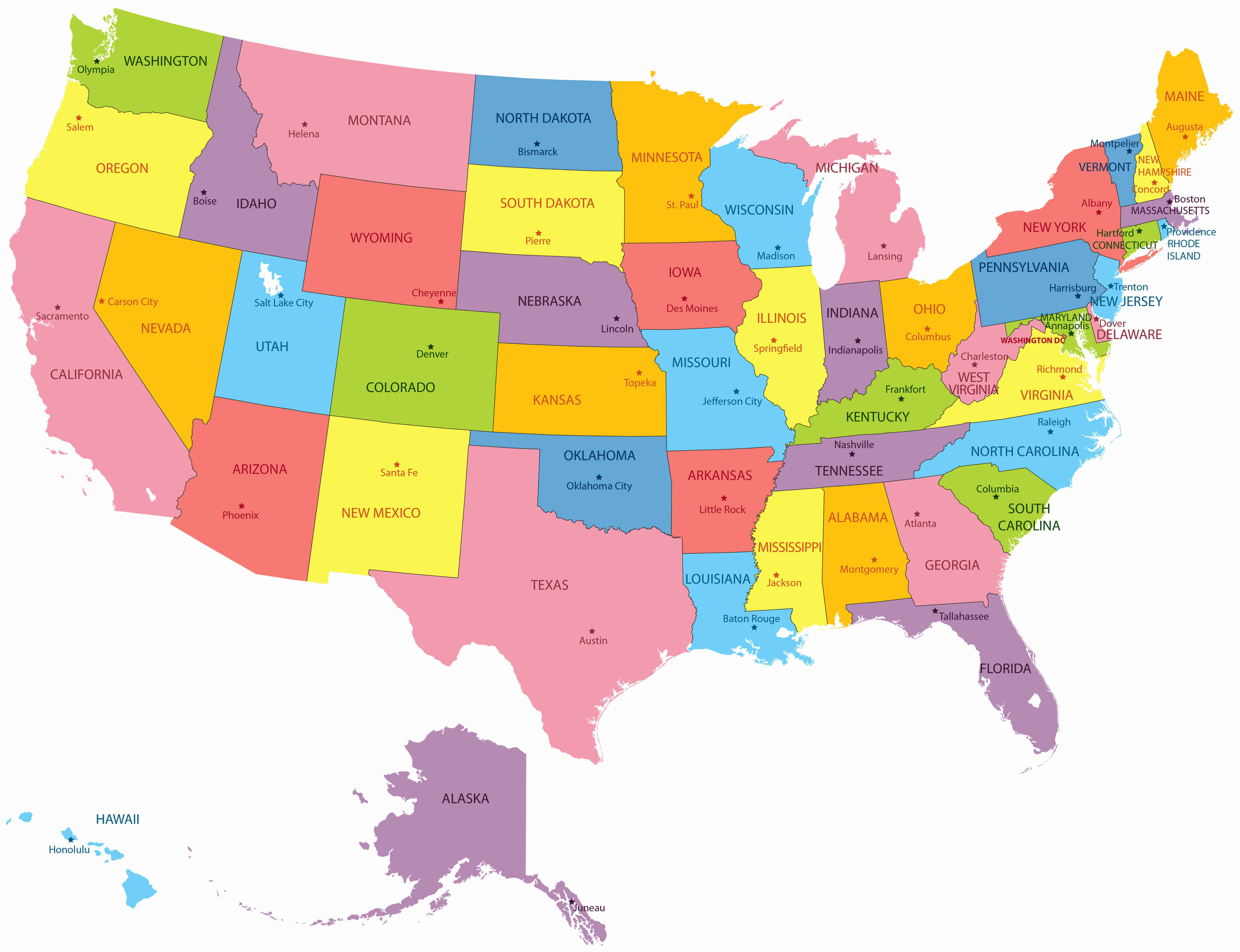 US states political map with capital cities