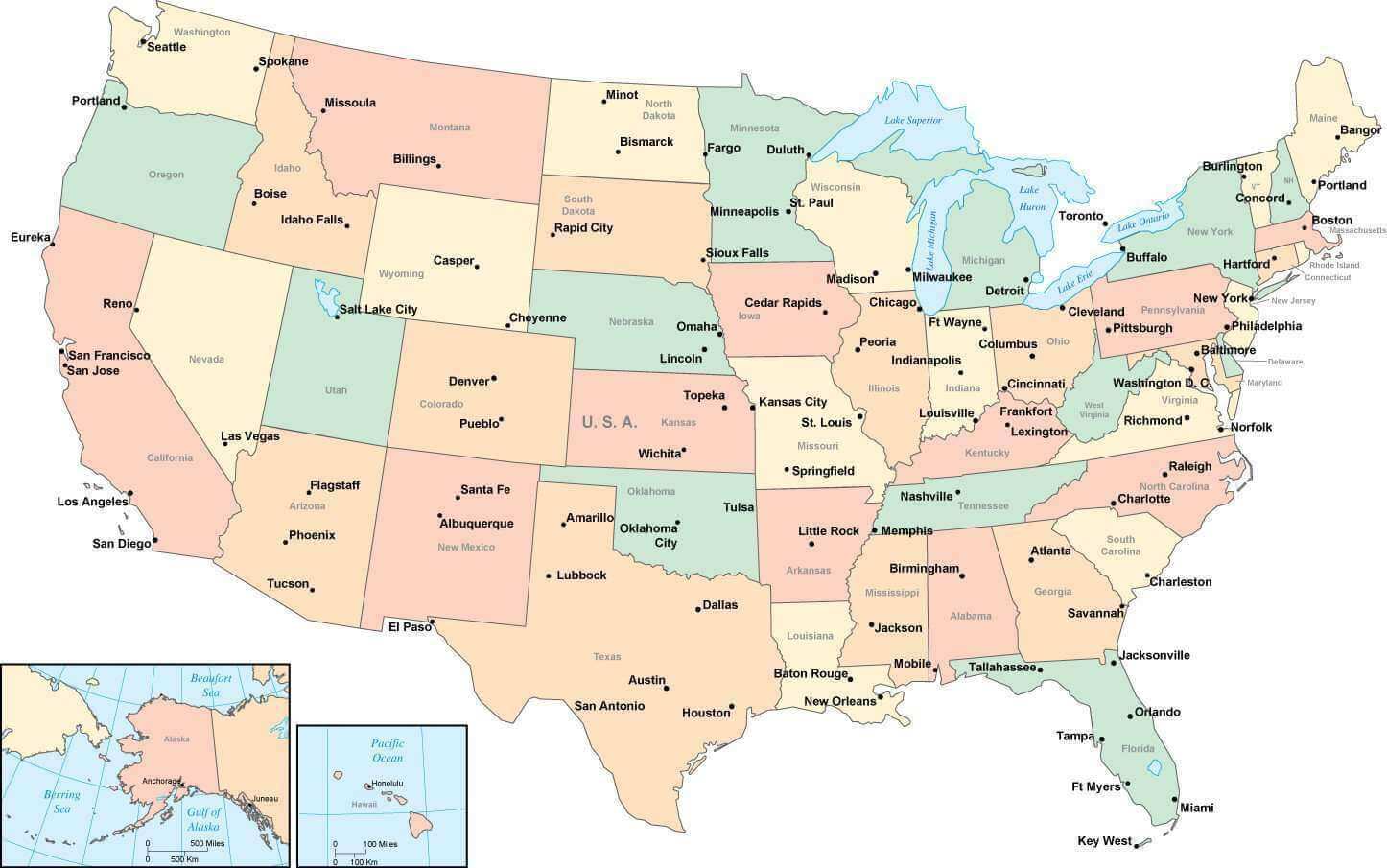 USA states cities and capitals map