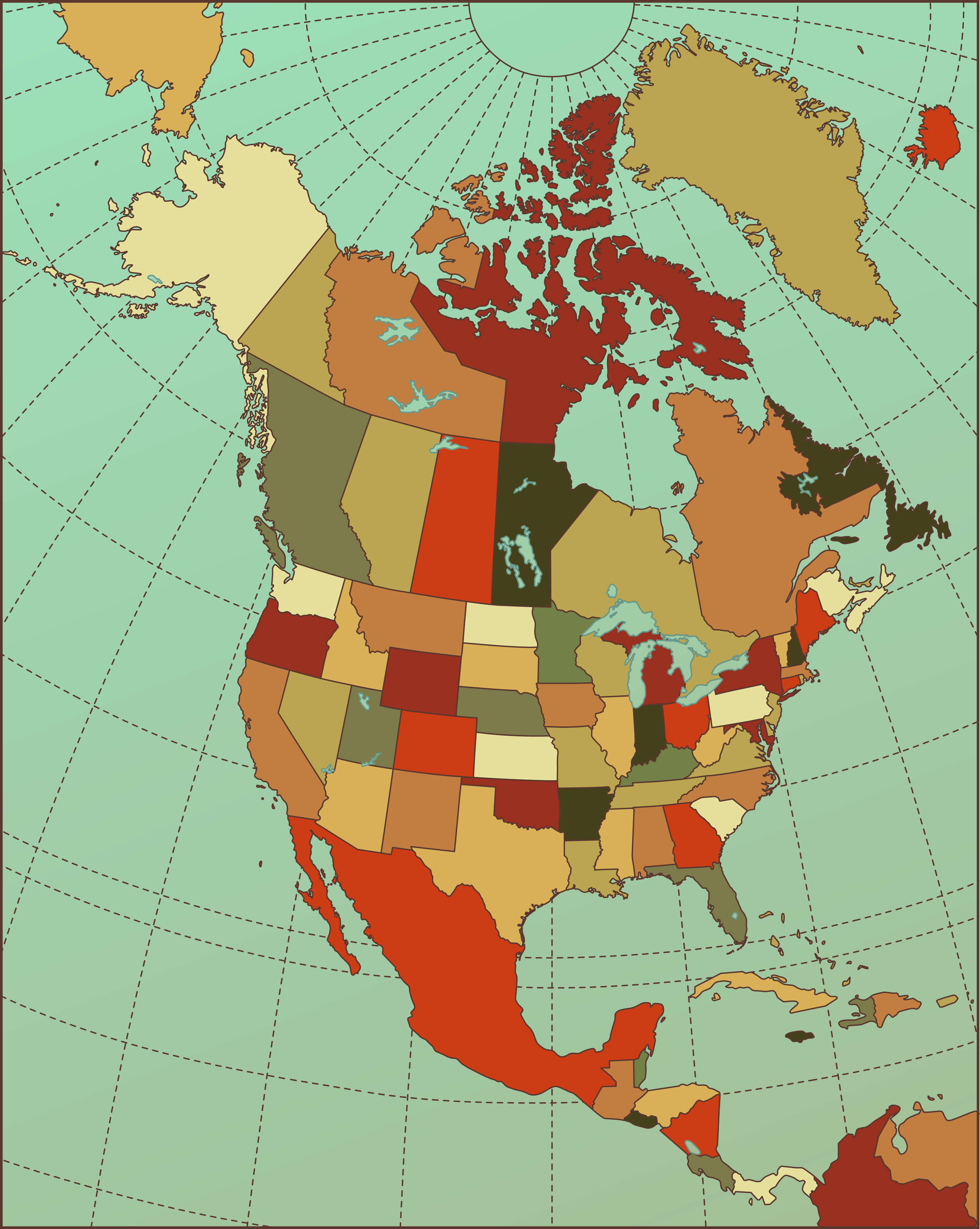 US states and Canada territories map with Mexico Central America