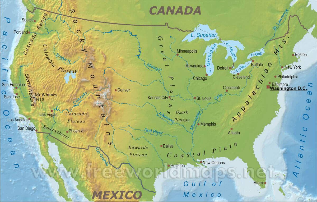 Physical map of United States