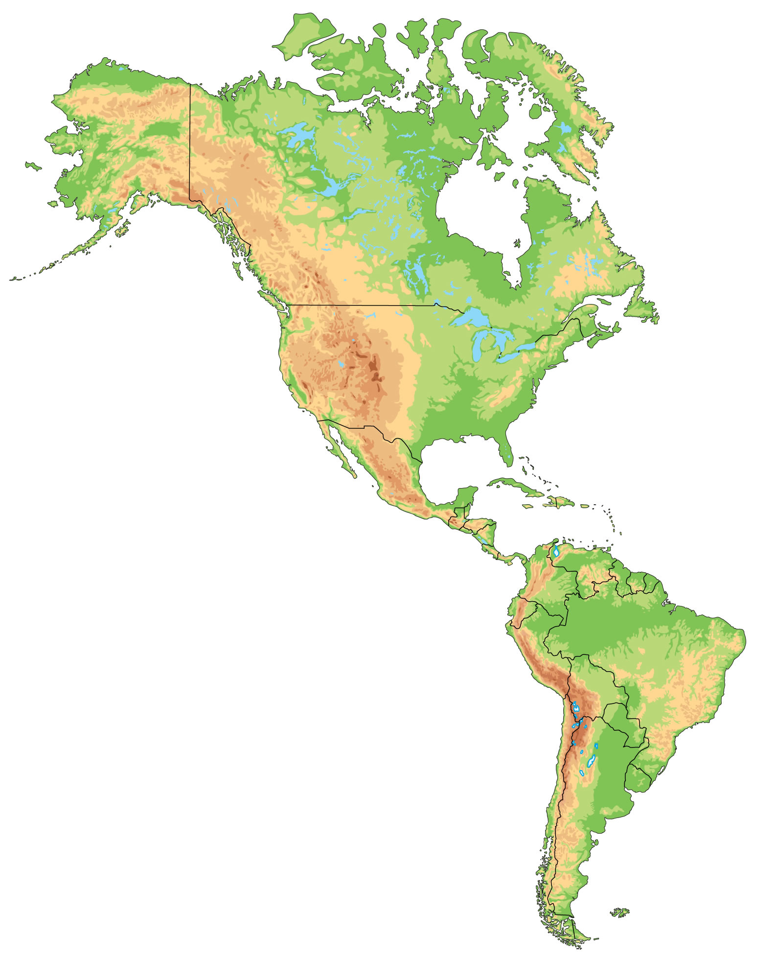 US and Americas physical map