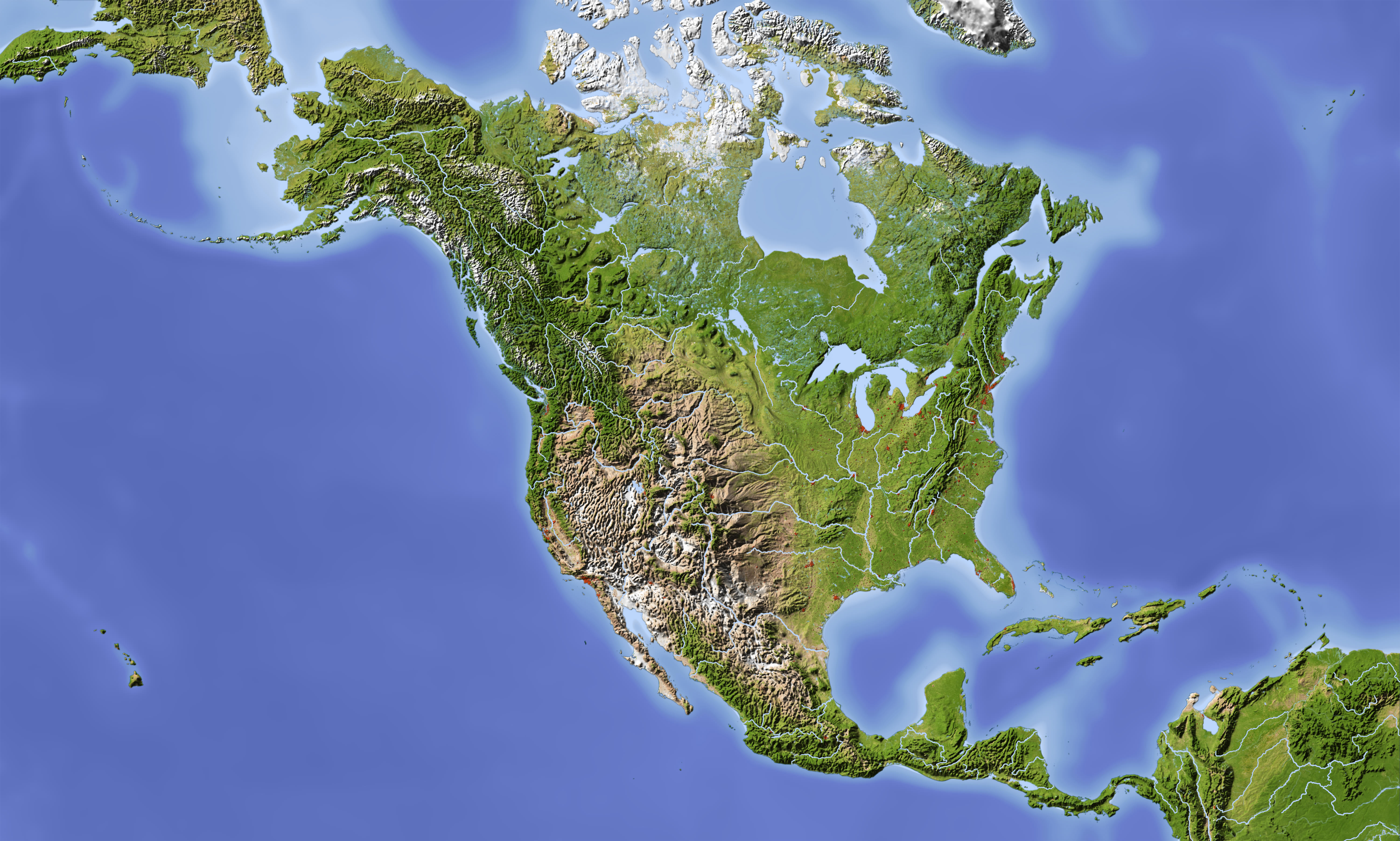 US and North America satellite physical map