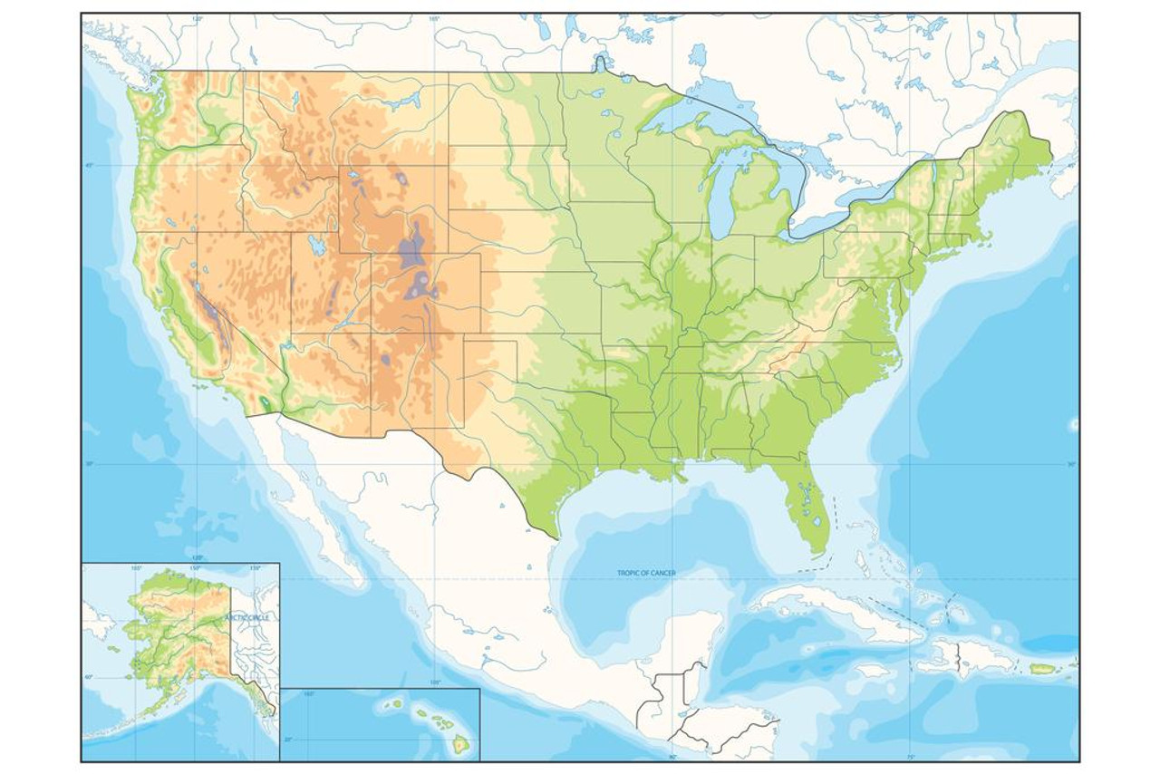 US blank physical map by states