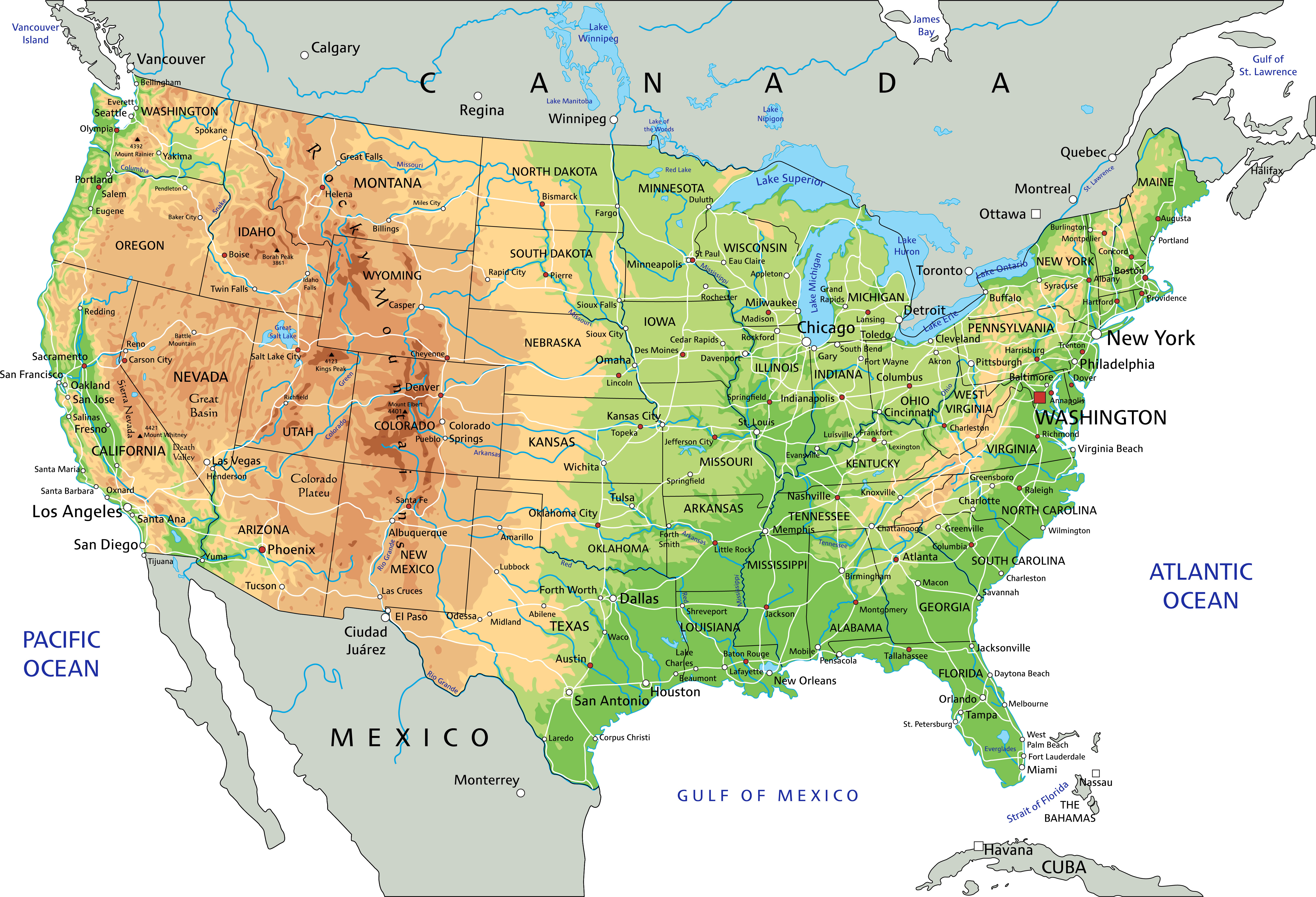 US physical map with cities