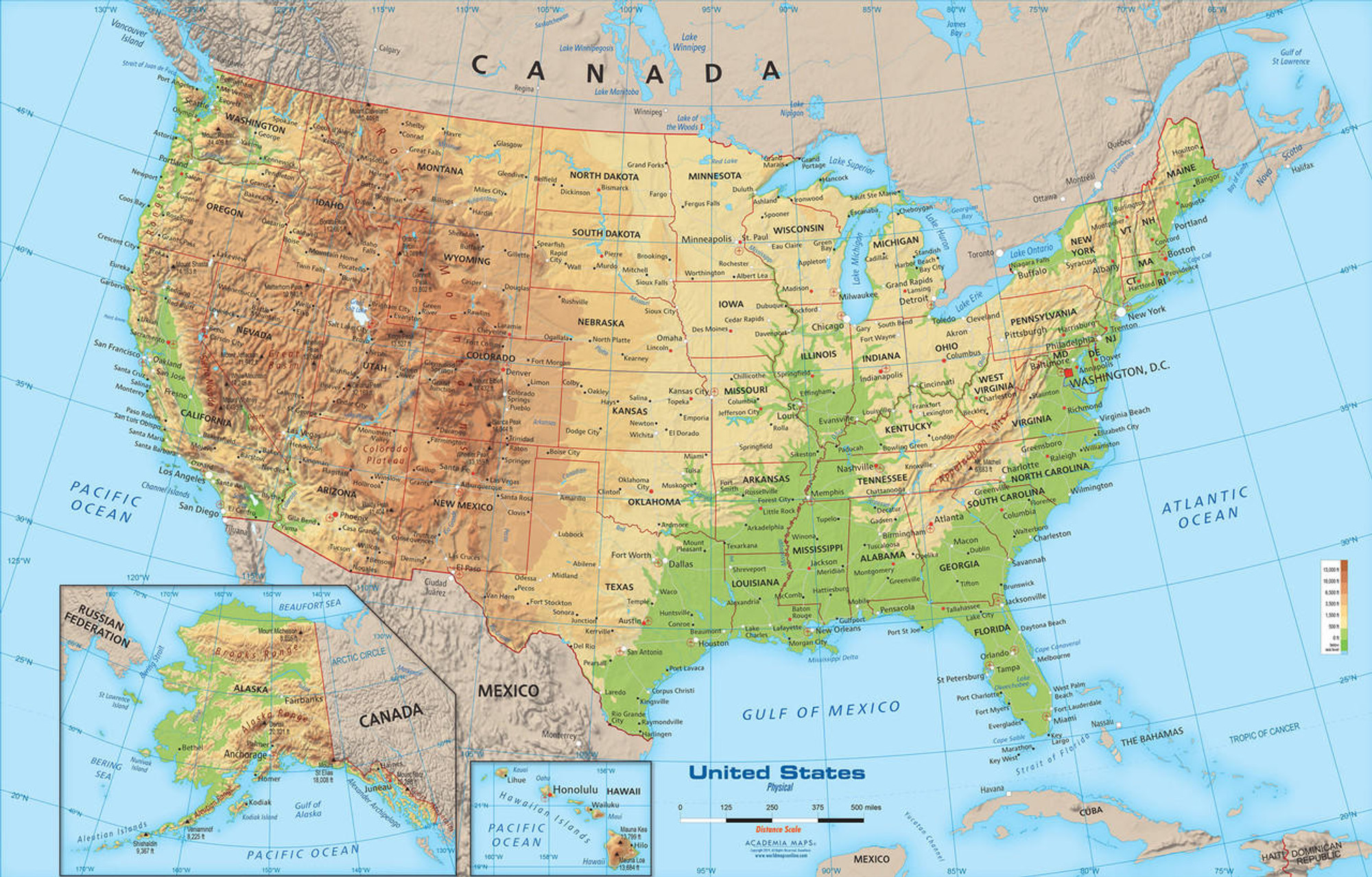 US physical map with national borders