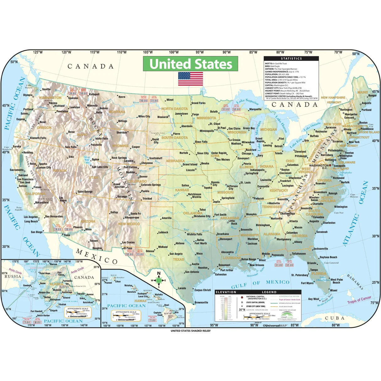 US shaded relief wall map