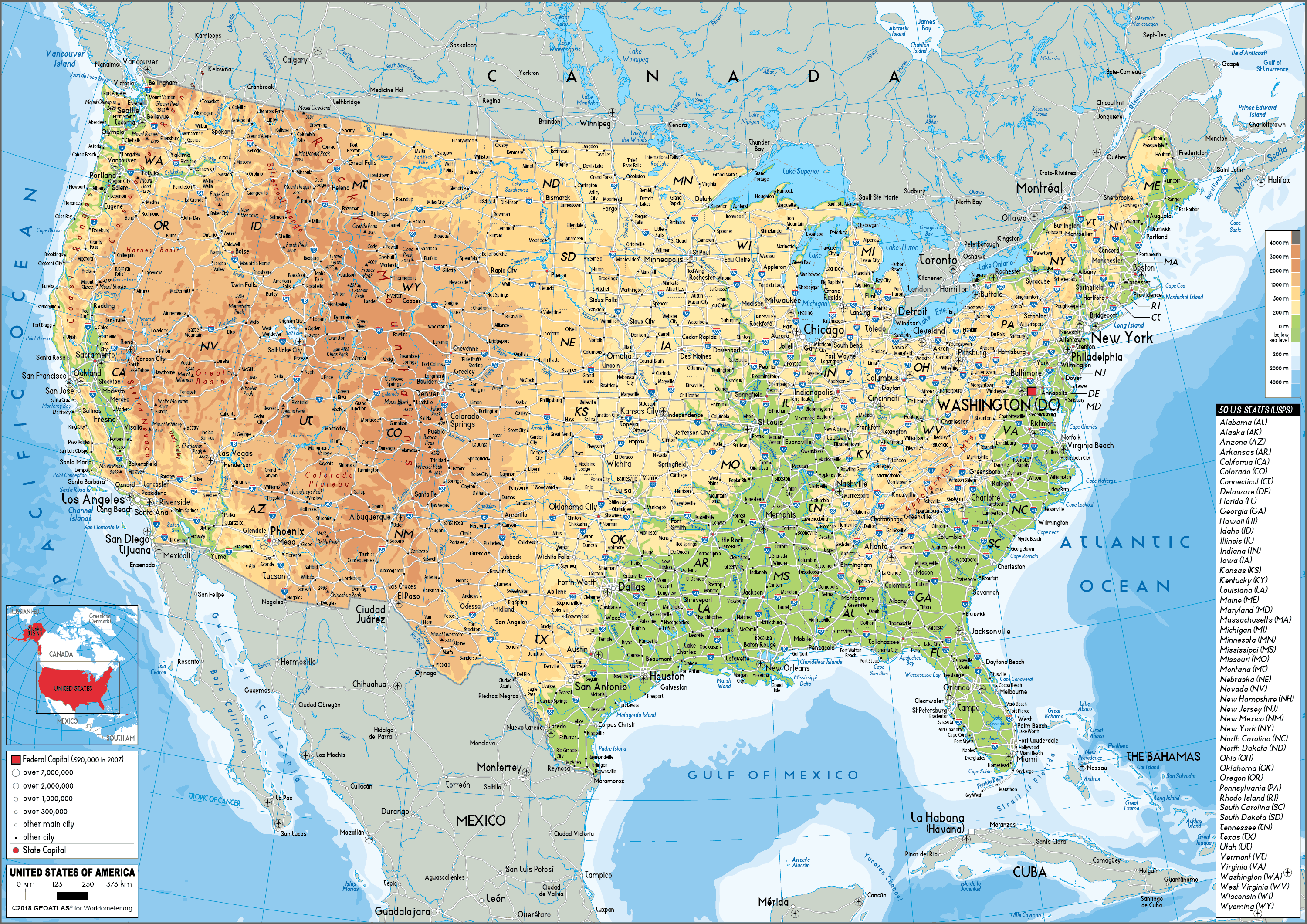 United States physical map with federal and state capitals